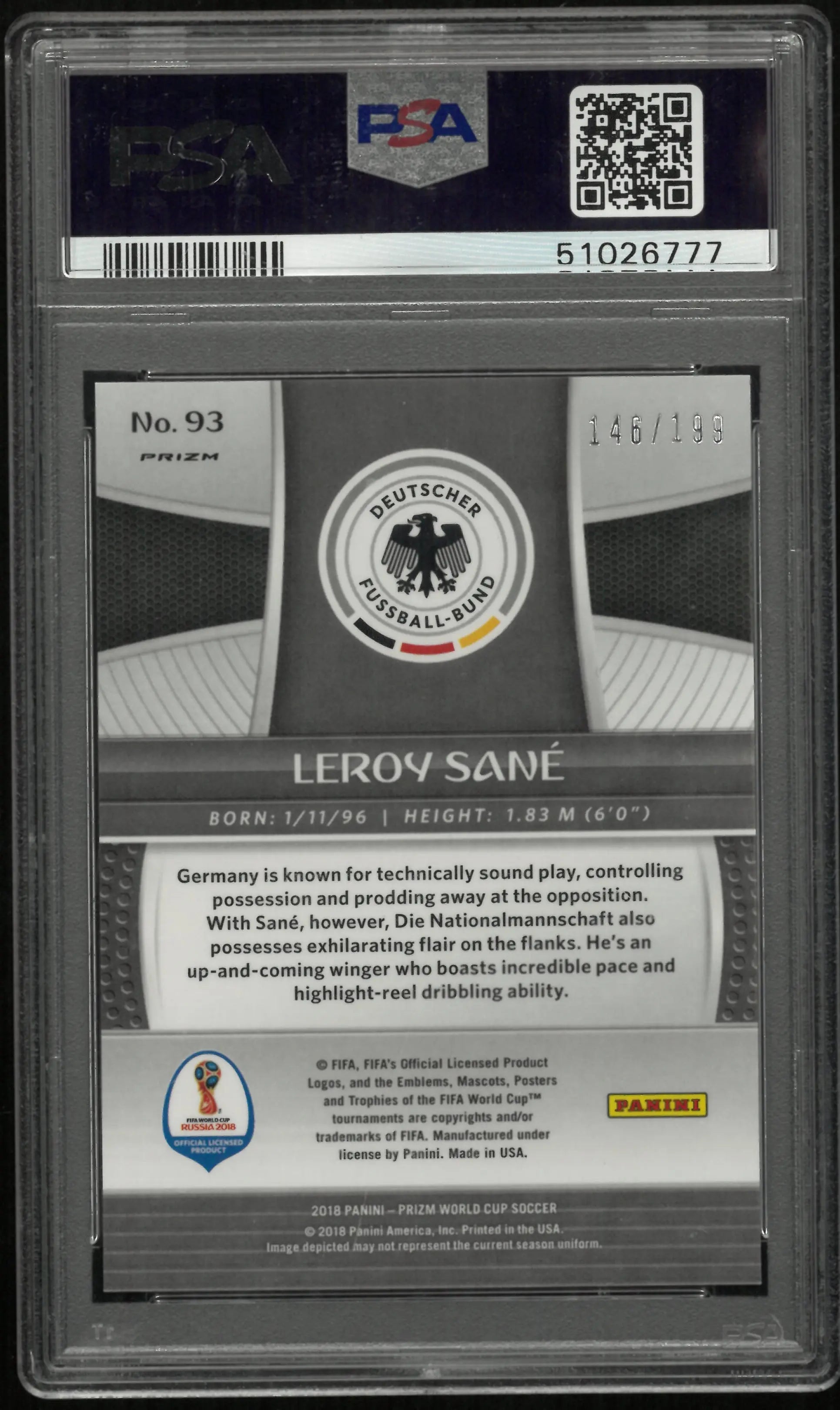 2018 Panini Prizm World Cup Leroy Sane #93 Blue PSA 10 
