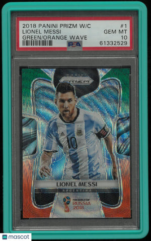 2018 Panini Prizm World Cup Lionel Messi #1 Green Orange Wave PSA 10 
