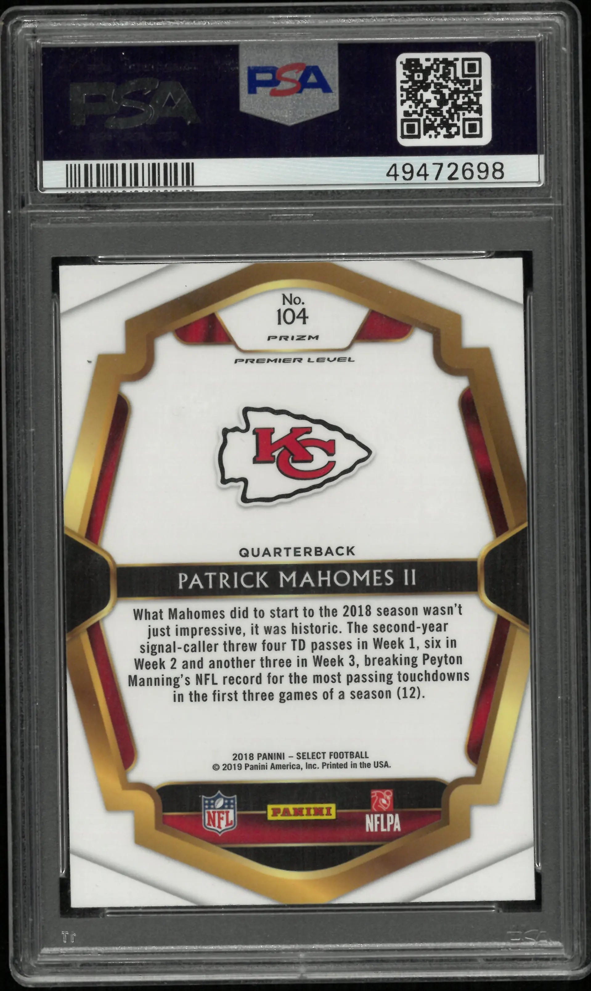 2018 Panini Select Patrick Mahomes II #104 Silver Prizm PSA 8 