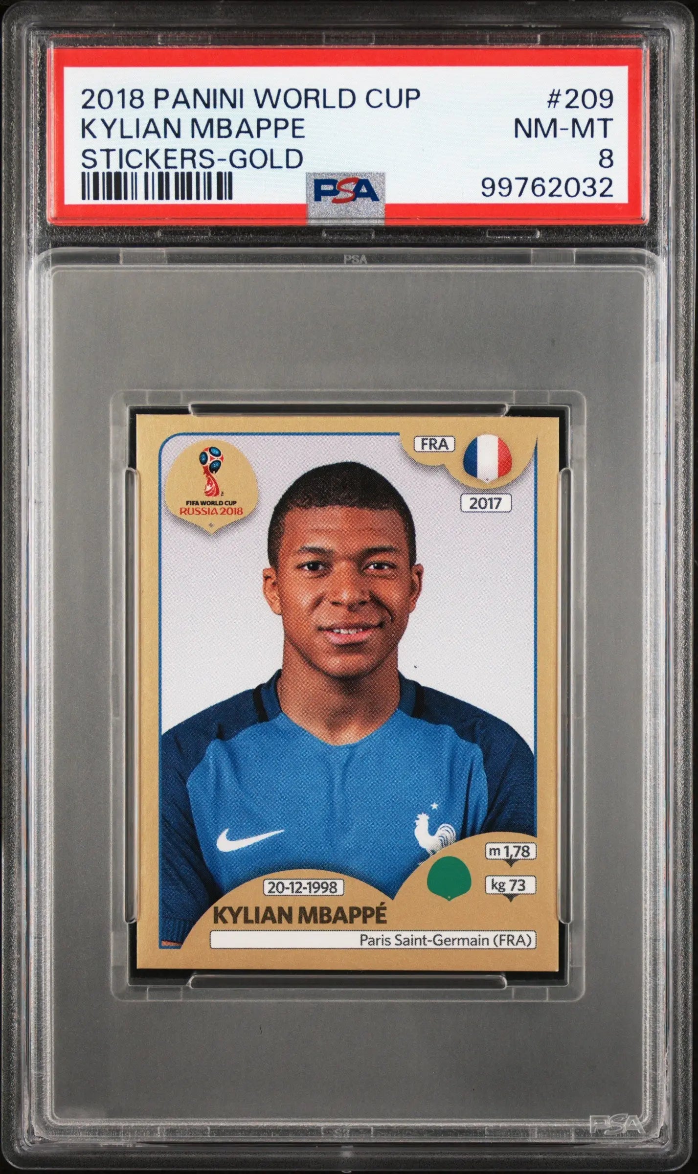 2018 Panini World Cup Stickers Kylian Mbappe Gold PSA 8 