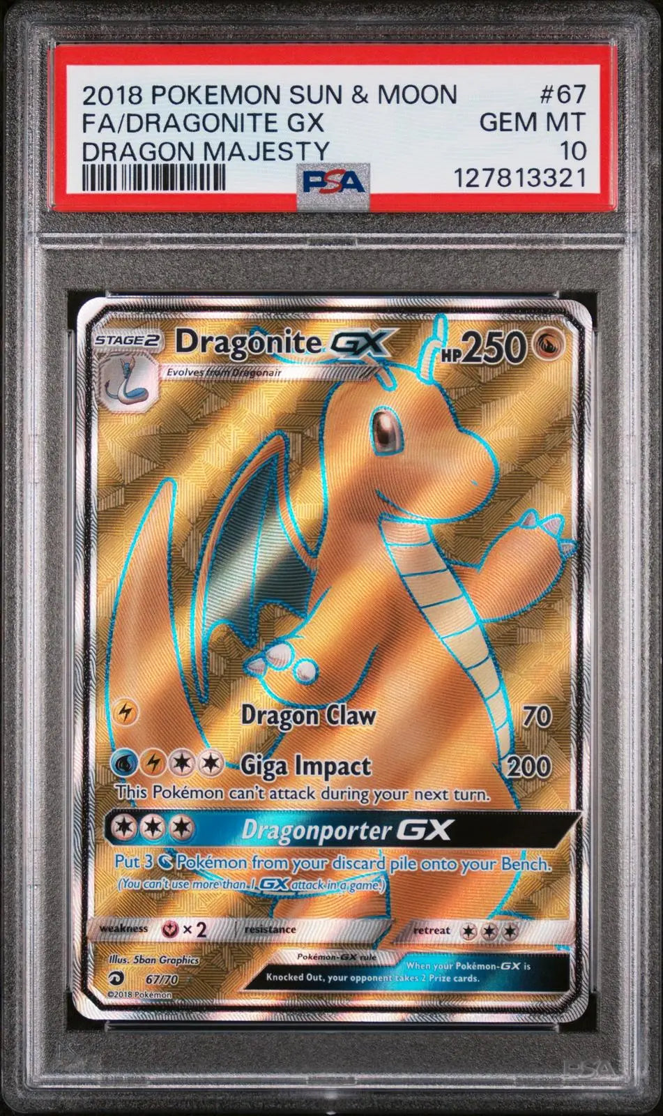 2018 Pokemon Sun & Moon Dragon Majesty Dragonite GX 67/70 PSA 10 