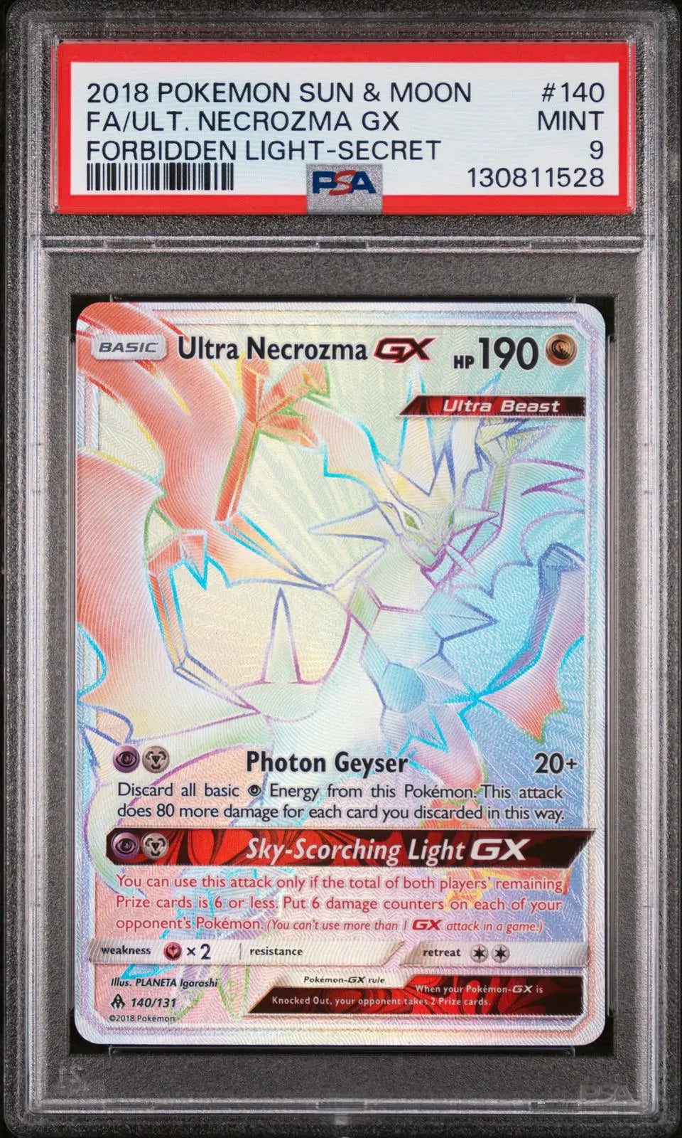 2018 Pokemon Sun & Moon Forbidden Light Ultra Necrozma Gx Secret 140/131 PSA 9 