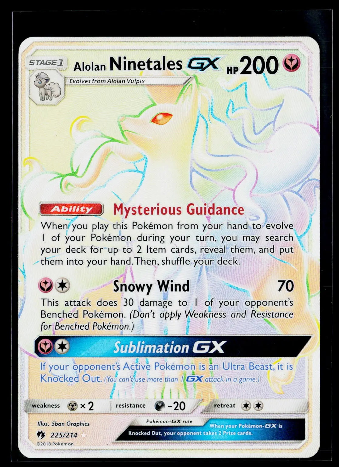 2018 Pokemon Sun & Moon Lost Thunder Alolan Ninetales GX Secret Rare 225/214 