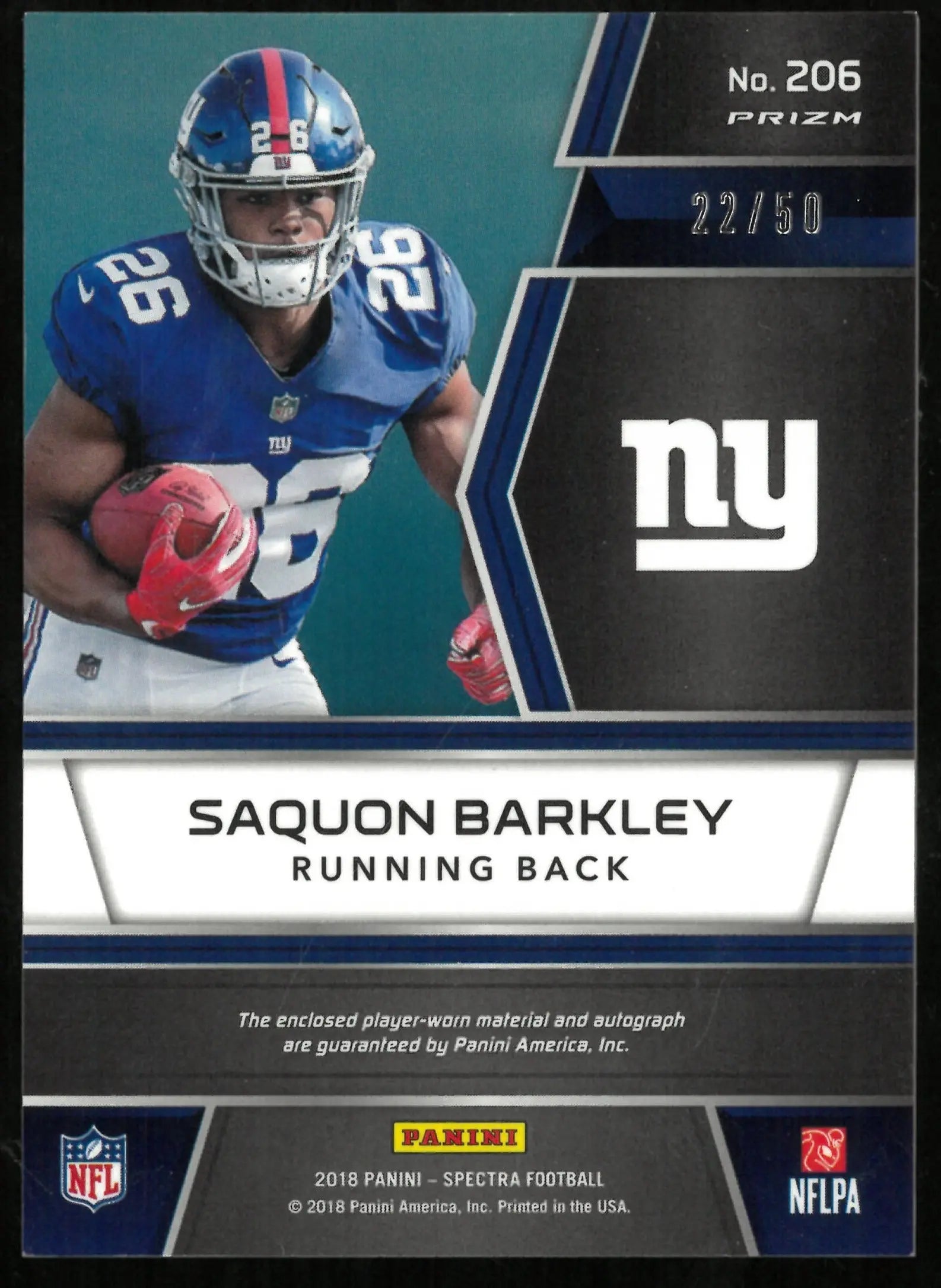 2018 Spectra Football Saquon Barkley RC Rookie Purple Patch Auto /50 