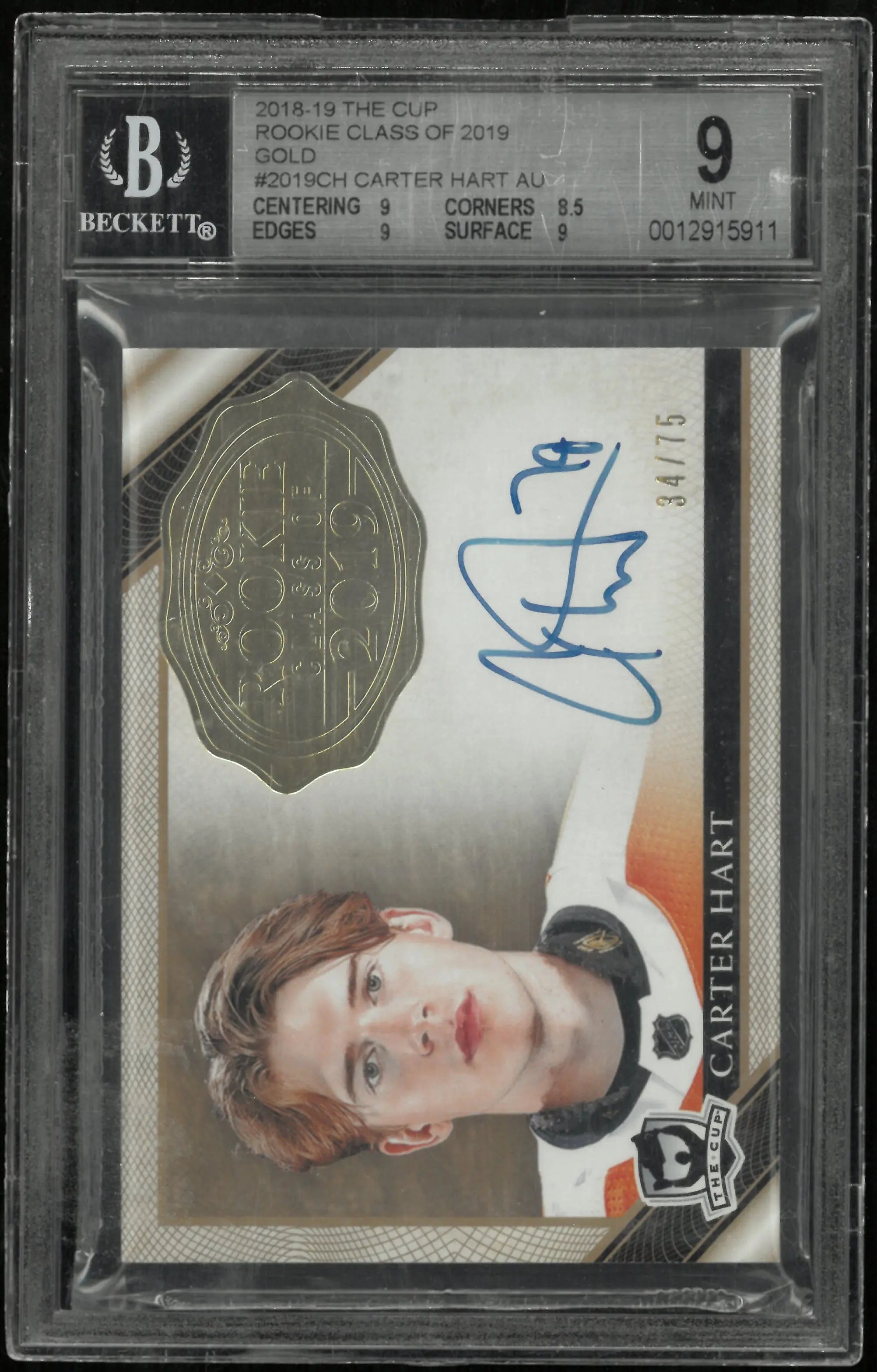 2018 The Cup Rookie Class of 2019 Gold Carter Hart #2019-CH BGS 9 Auto 10 