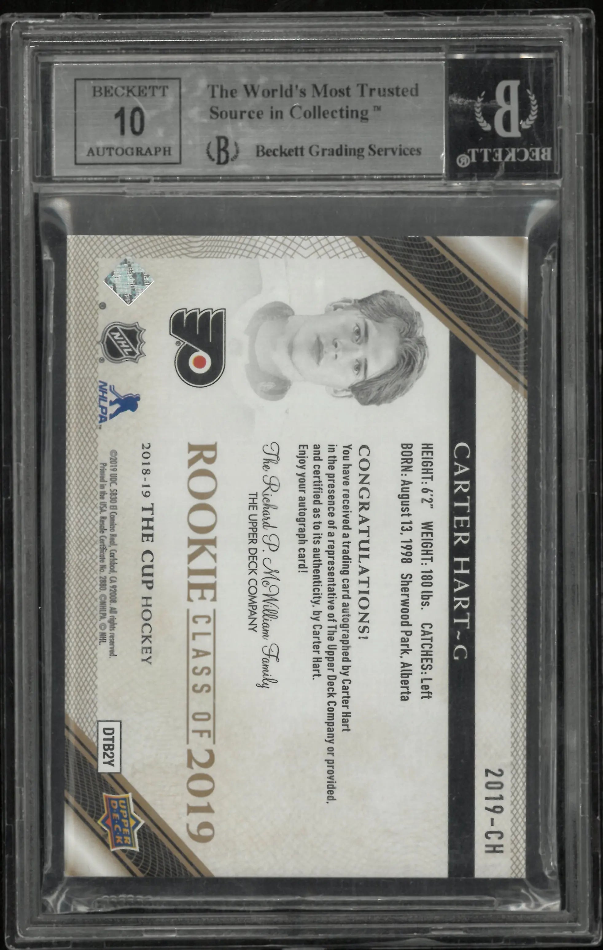 2018 The Cup Rookie Class of 2019 Gold Carter Hart #2019-CH BGS 9 Auto 10 