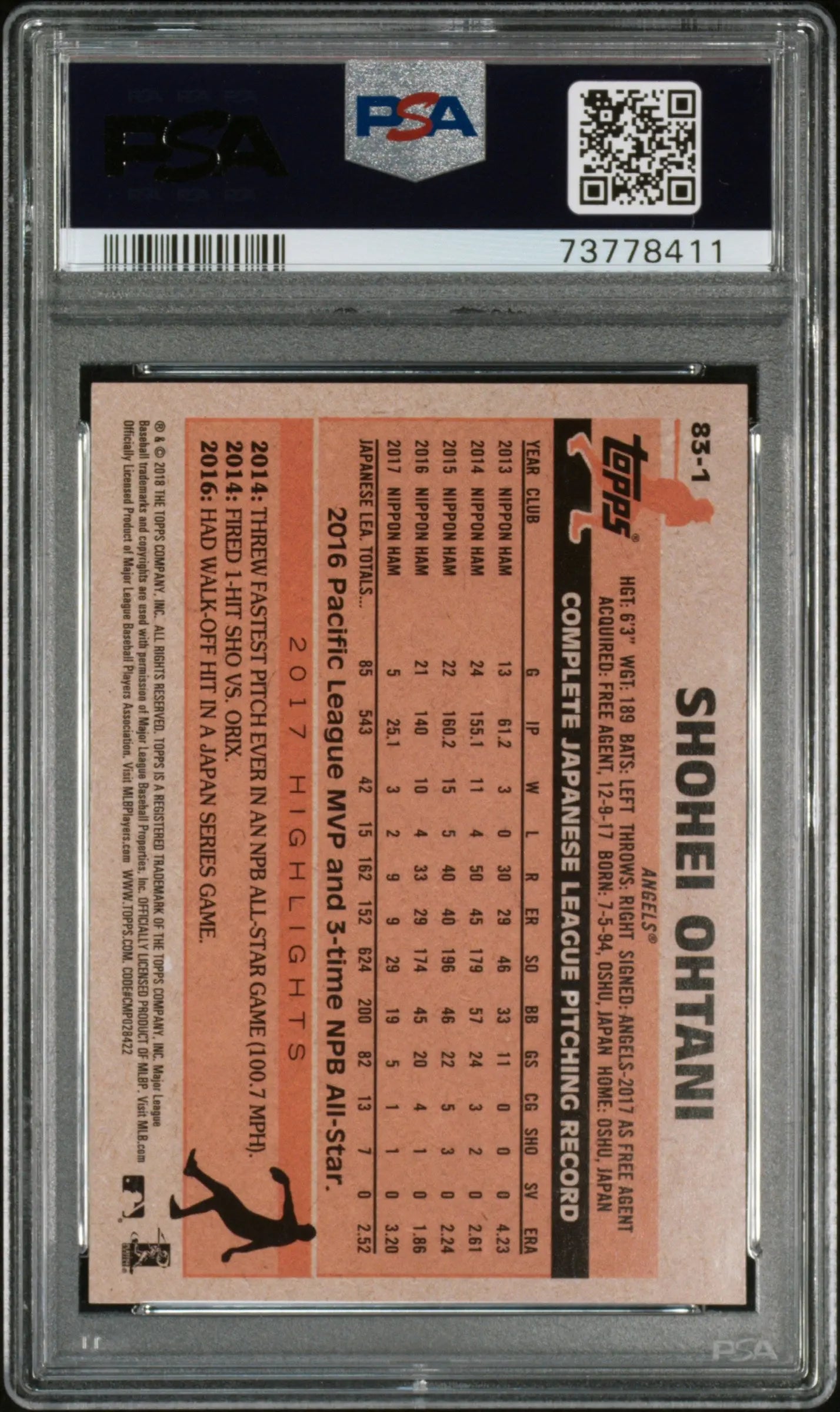 2018 Topps 1983 Topps Baseball Rookies Shohei Ohtani RC PSA 9 