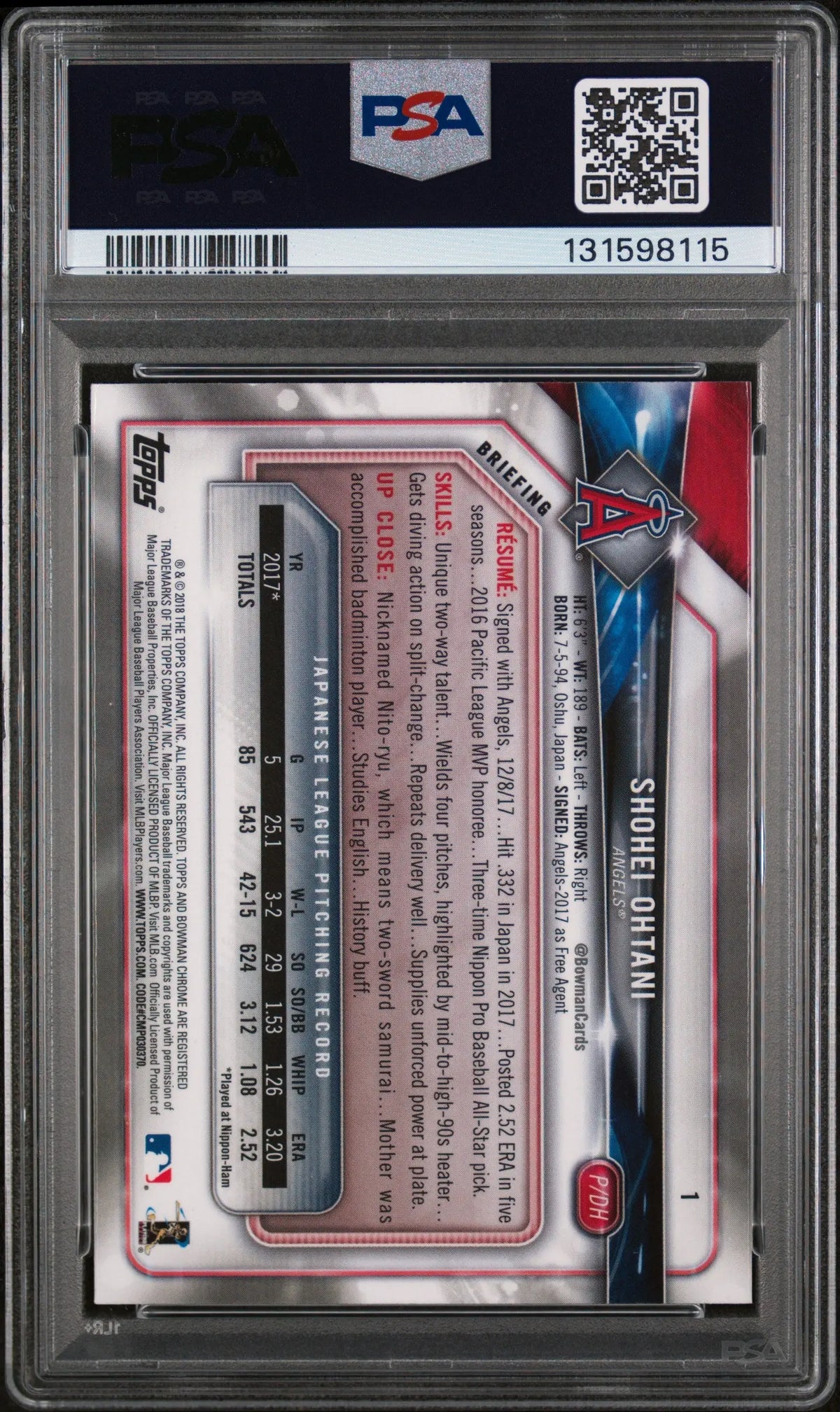 2018 Topps Bowman Chrome Rookie Shohei Ohtani PSA 9 