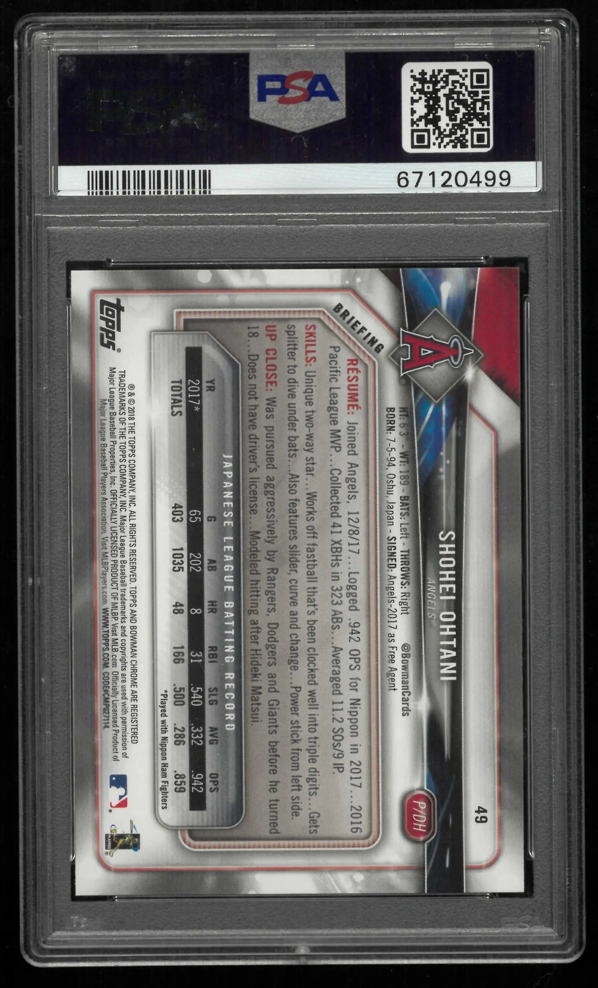 2018 Topps Bowman Rookie Shohei Ohtani RC PSA 10 