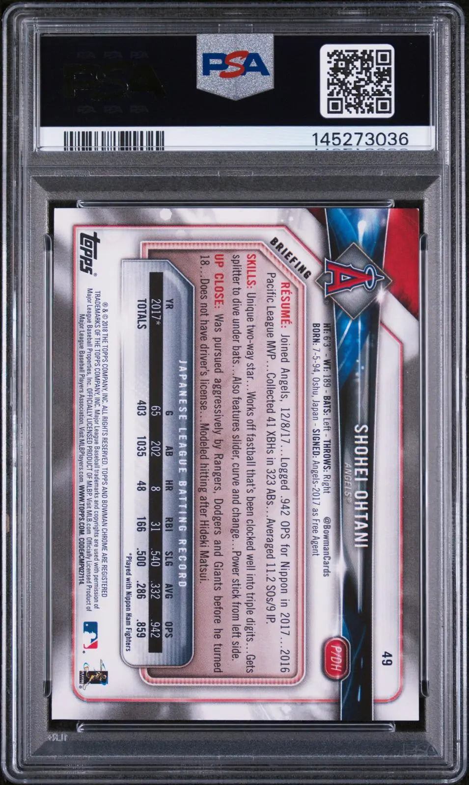2018 Topps Bowman Rookie Shohei Ohtani RC PSA 9 
