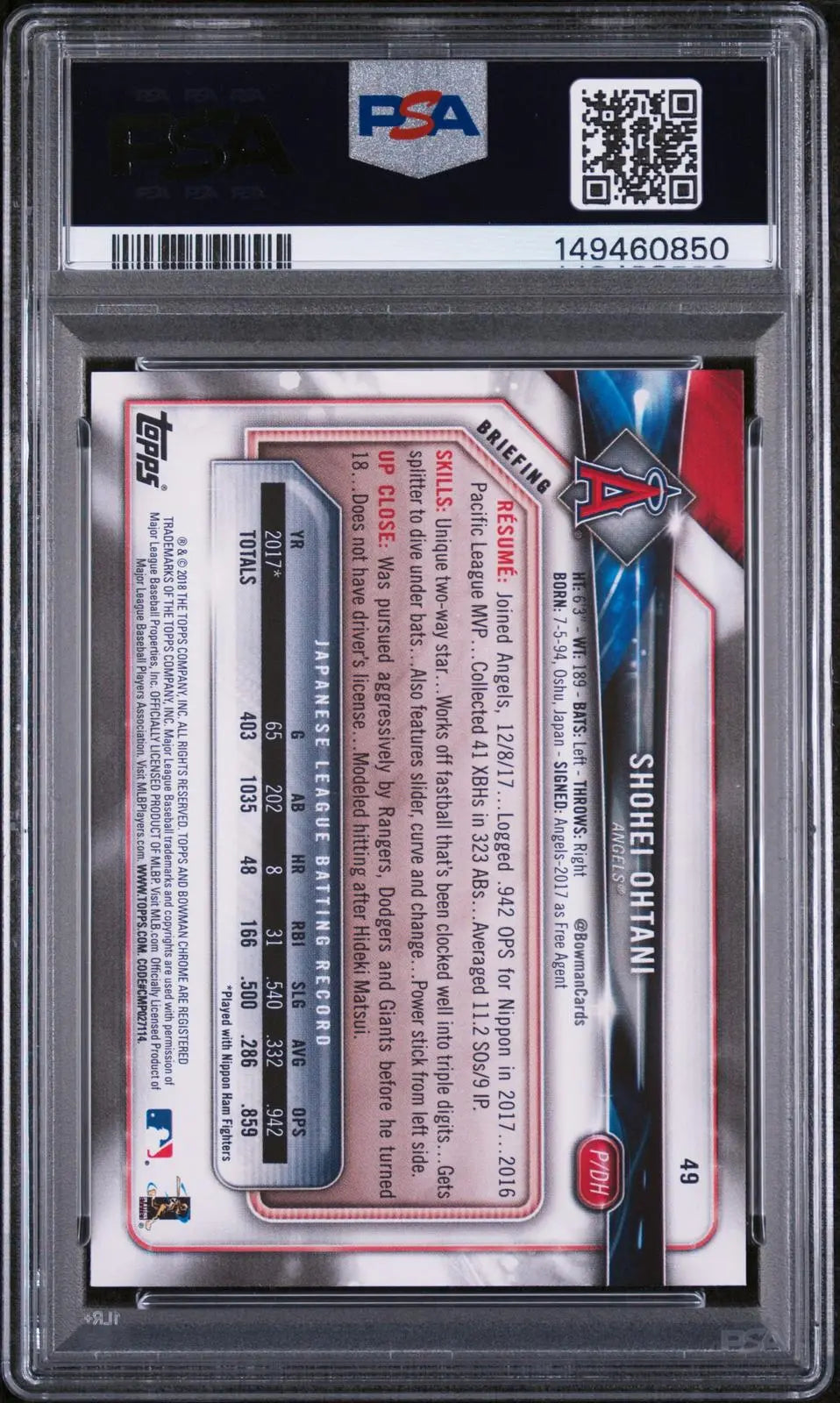 2018 Topps Bowman Shohei Ohtani PSA 8 