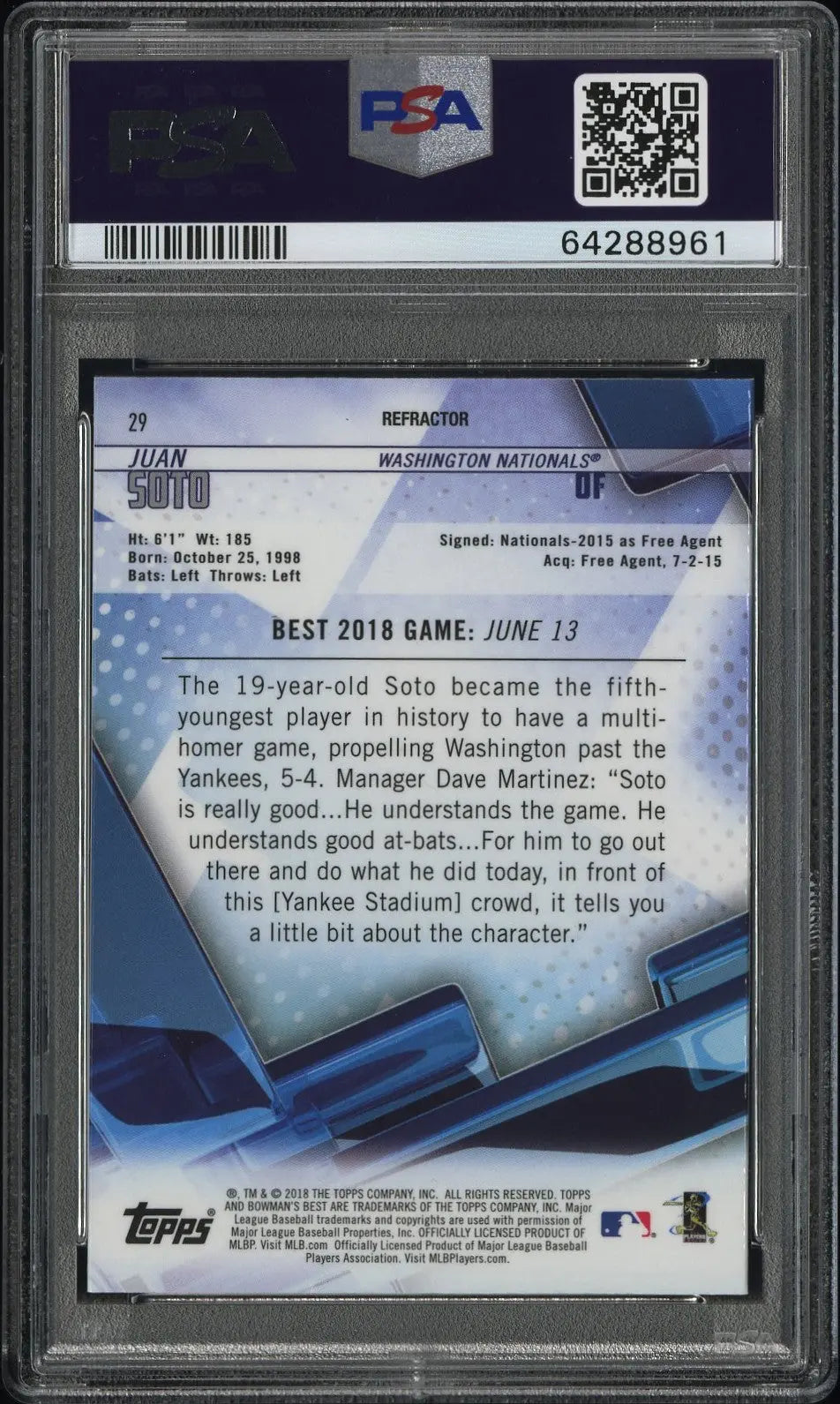 2018 Topps Bowman's Best Rookie Juan Soto Refractor RC PSA 10 