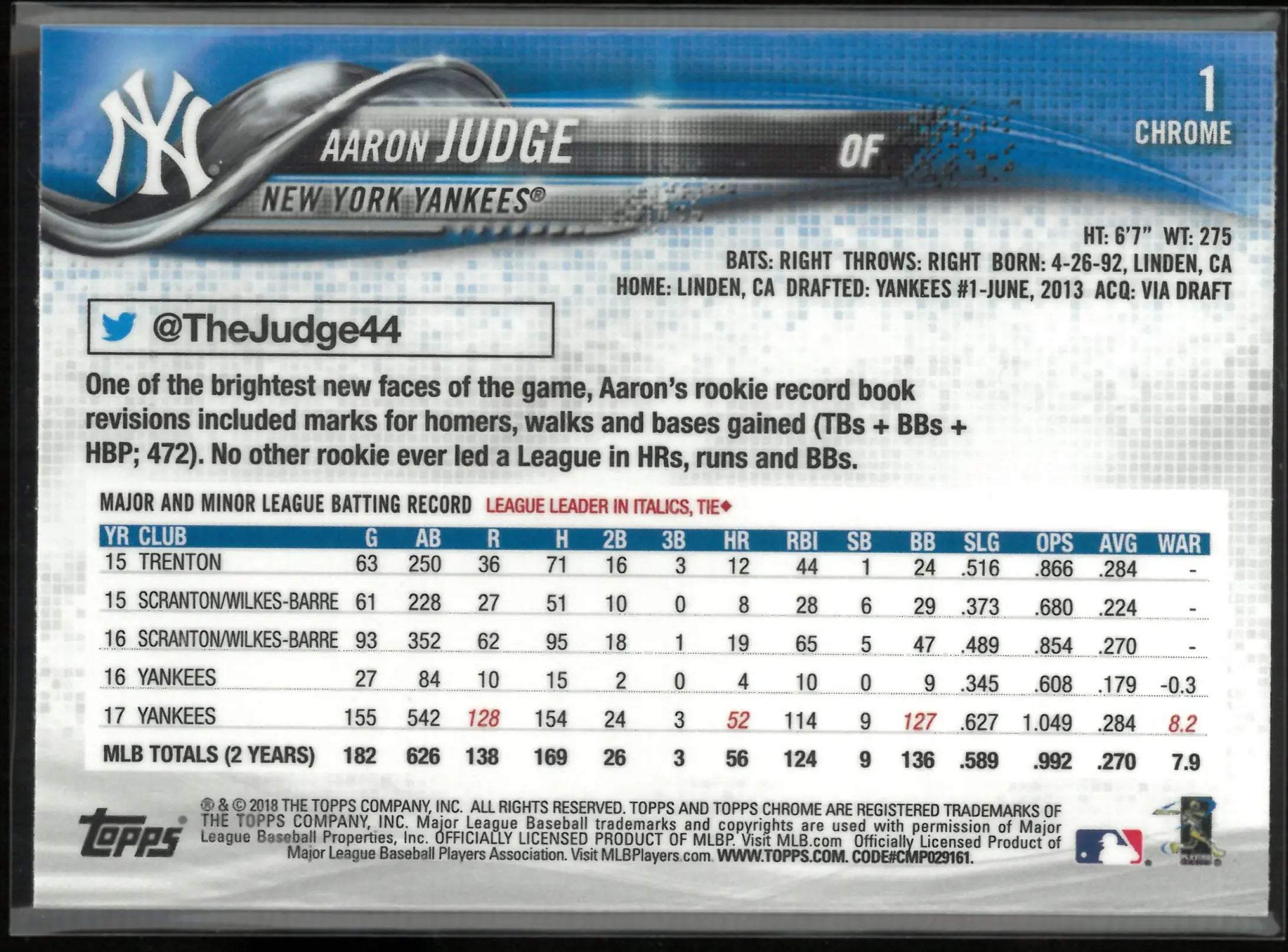 2018 Topps Chrome Aaron Judge Prism Refractor 