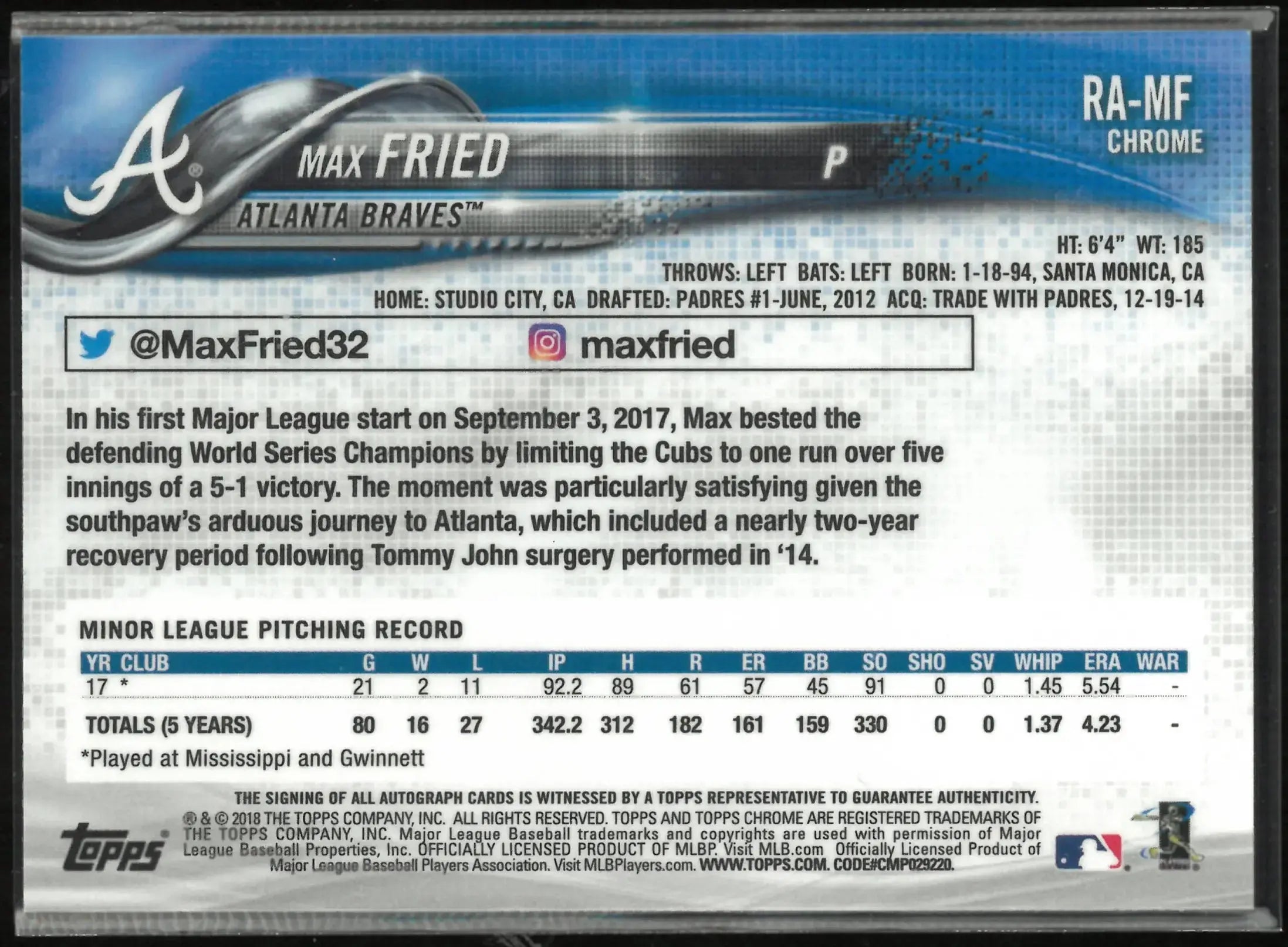 2018 Topps Chrome Rookie Autograph Max Fried Auto RC 