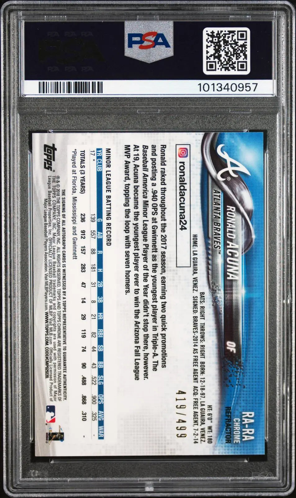 2018 Topps Chrome Rookie Autograph Ronald Acuna RC Auto Refractor /499 PSA 9 