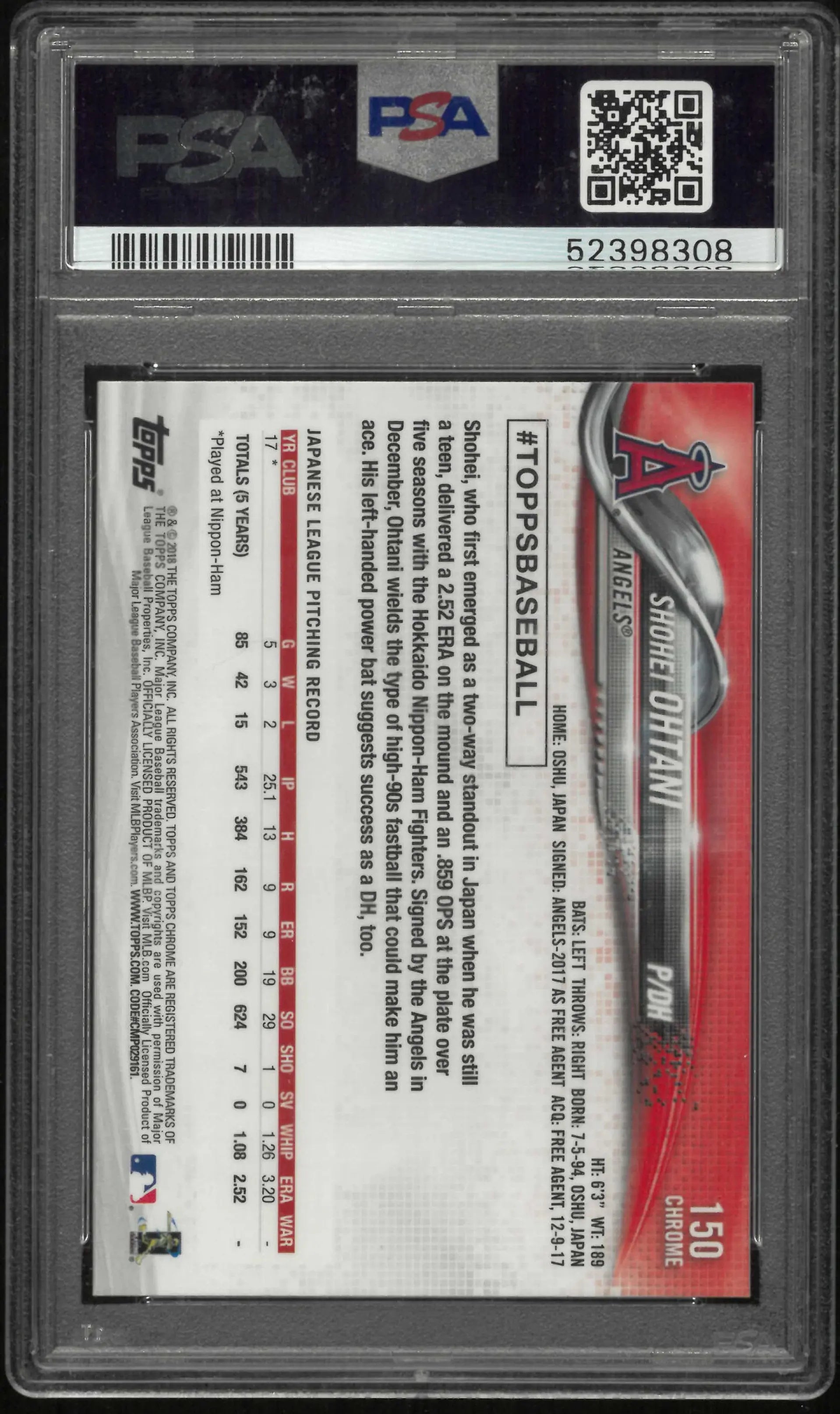 2018 Topps Chrome Rookie Shohei Ohtani Pitching RC PSA 10 
