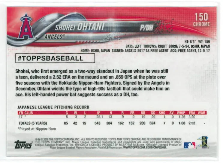 2018 Topps Chrome Rookie Shohei Ohtani RC 