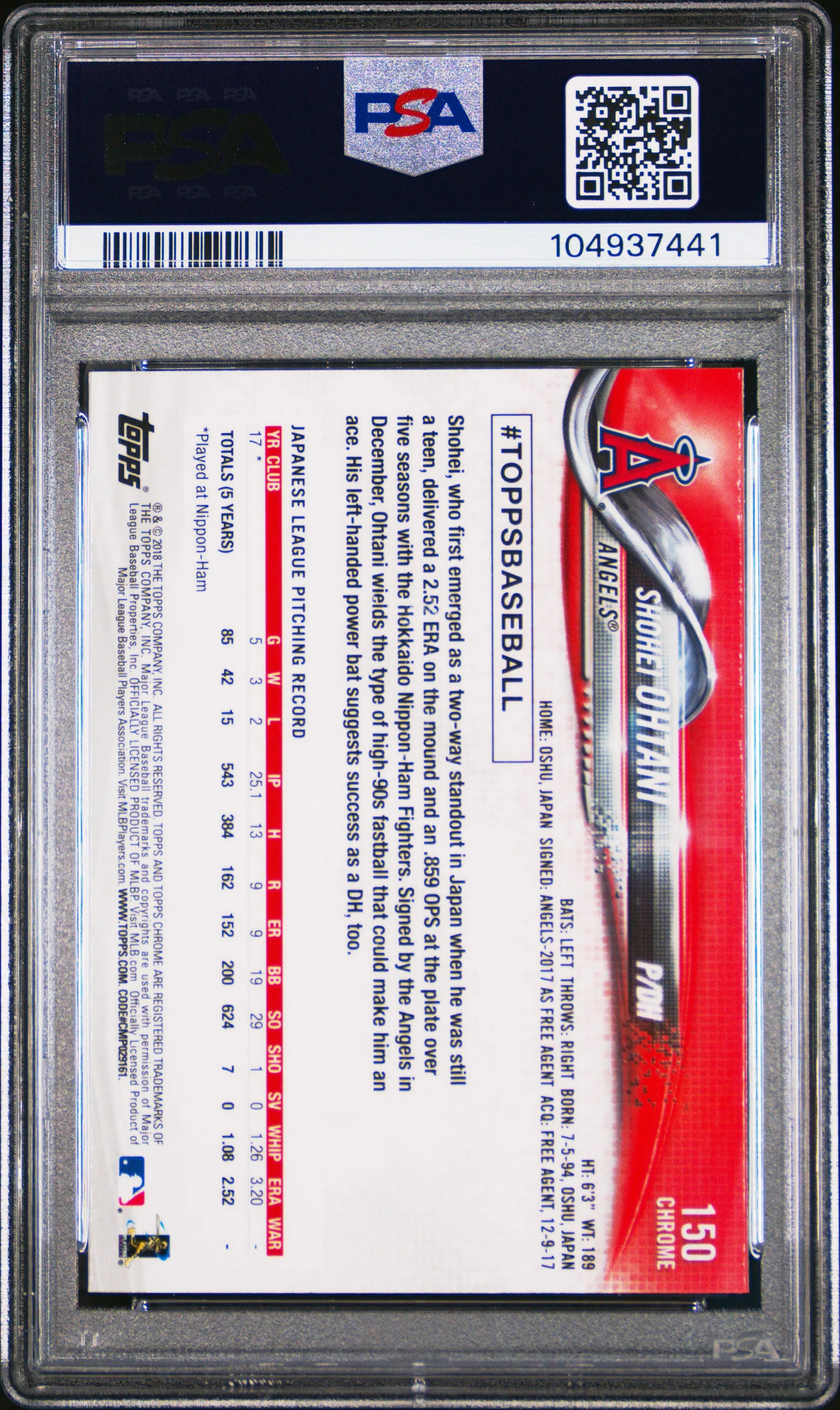 2018 Topps Chrome Rookie Shohei Ohtani RC PSA 10 