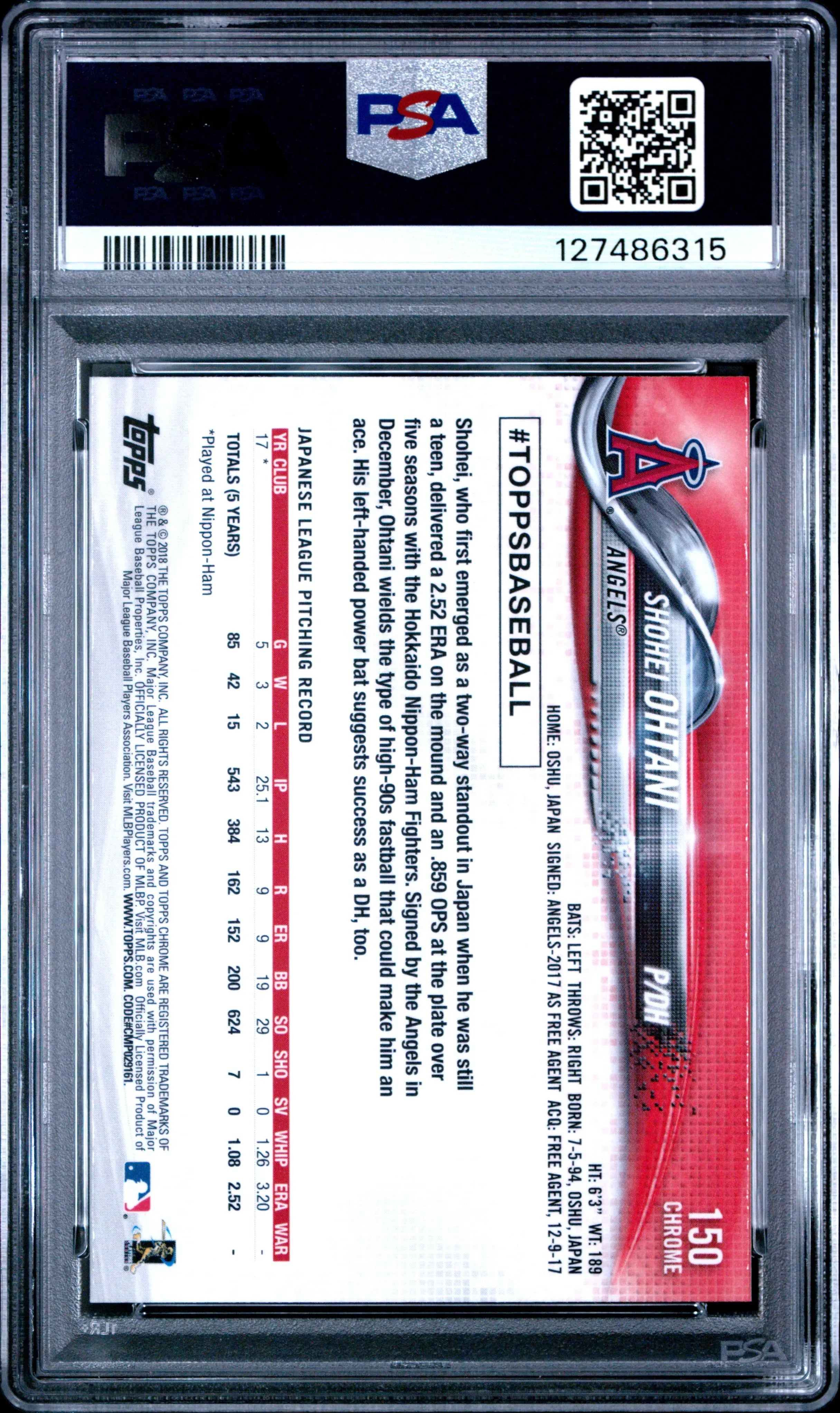 2018 Topps Chrome Rookie Shohei Ohtani RC PSA 9 