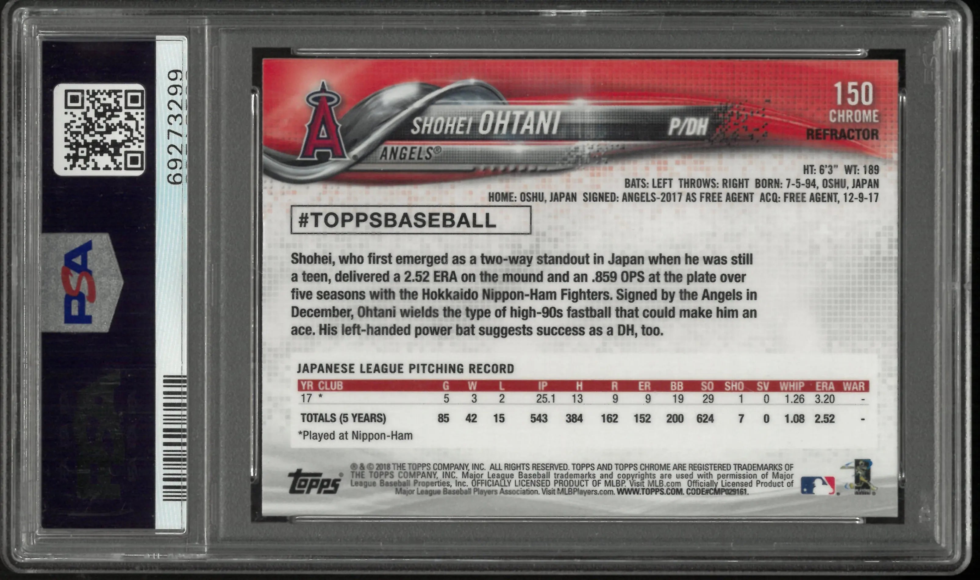 2018 Topps Chrome Shohei Ohtani RC Rookie Pink Refractor Pitching PSA 10 