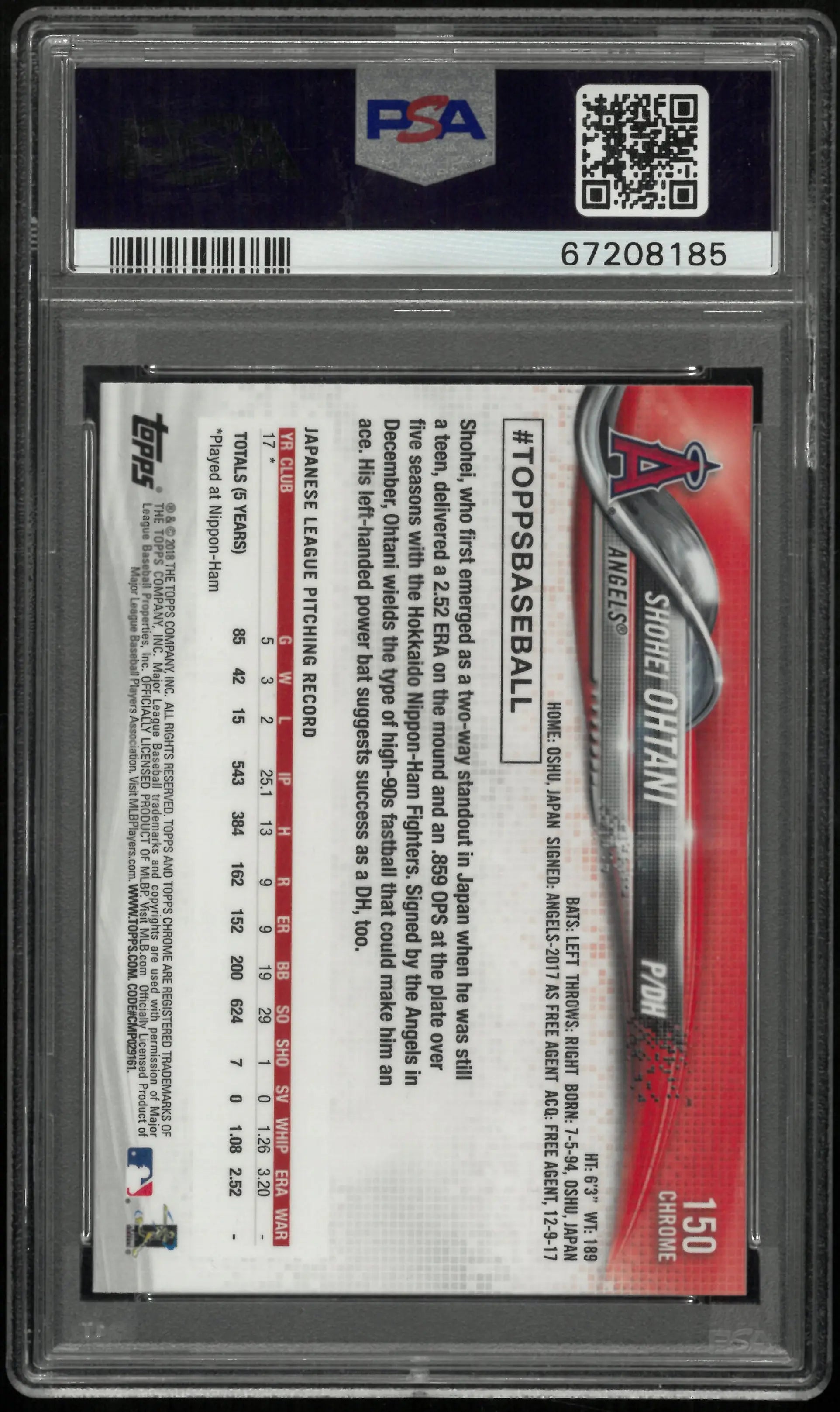 2018 Topps Chrome Shohei Ohtani RC Rookie Pitching PSA 10 