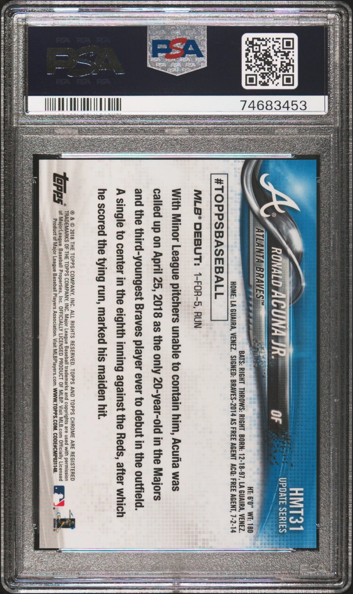 2018 Topps Chrome Update Ronald Acuna Jr. Update-Pink Refractor PSA 10 