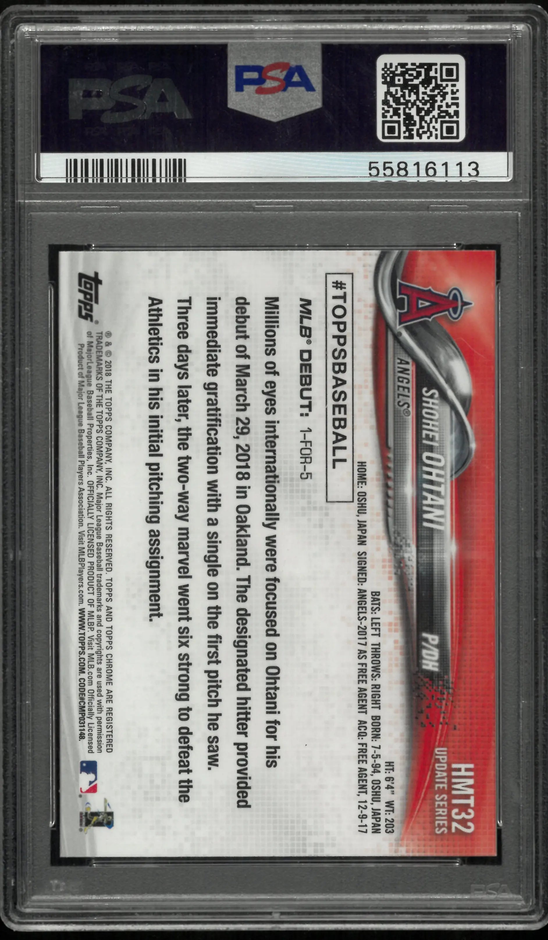 2018 Topps Chrome Update Shohei Ohtani RC Rookie Debut PSA 10 