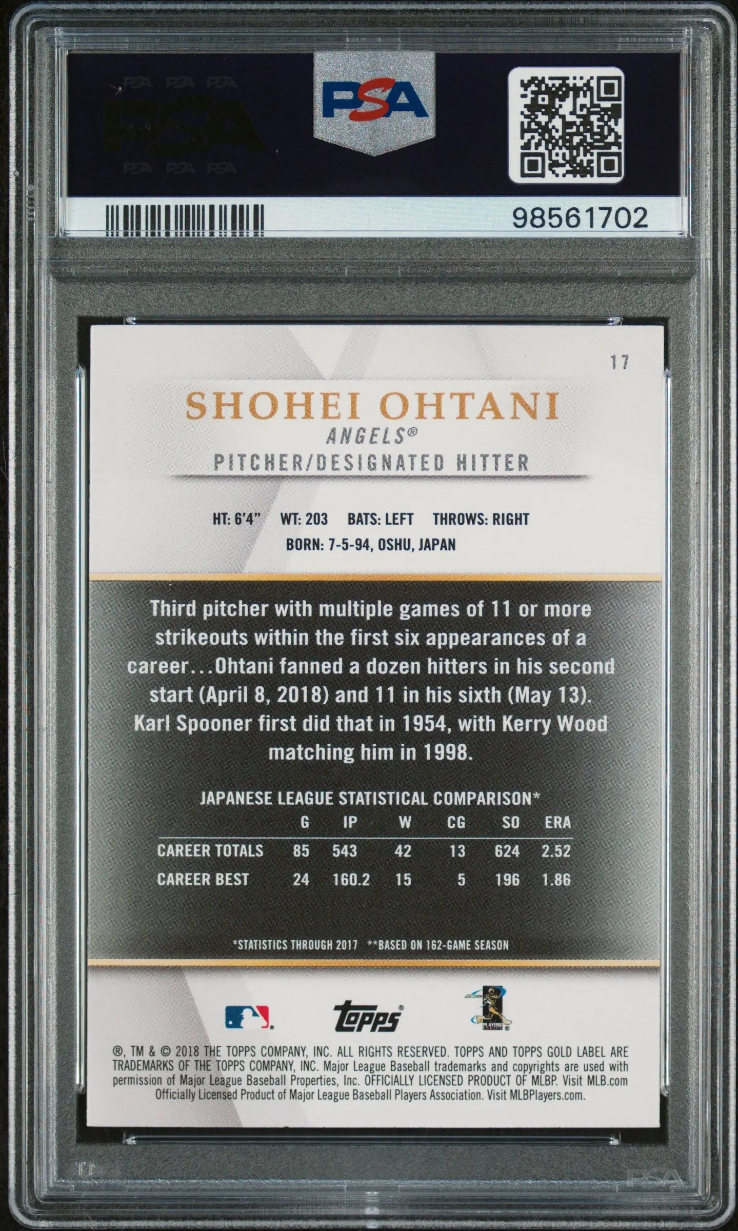 2018 Topps Gold Label Rookie Shohei Ohtani RC PSA 8 