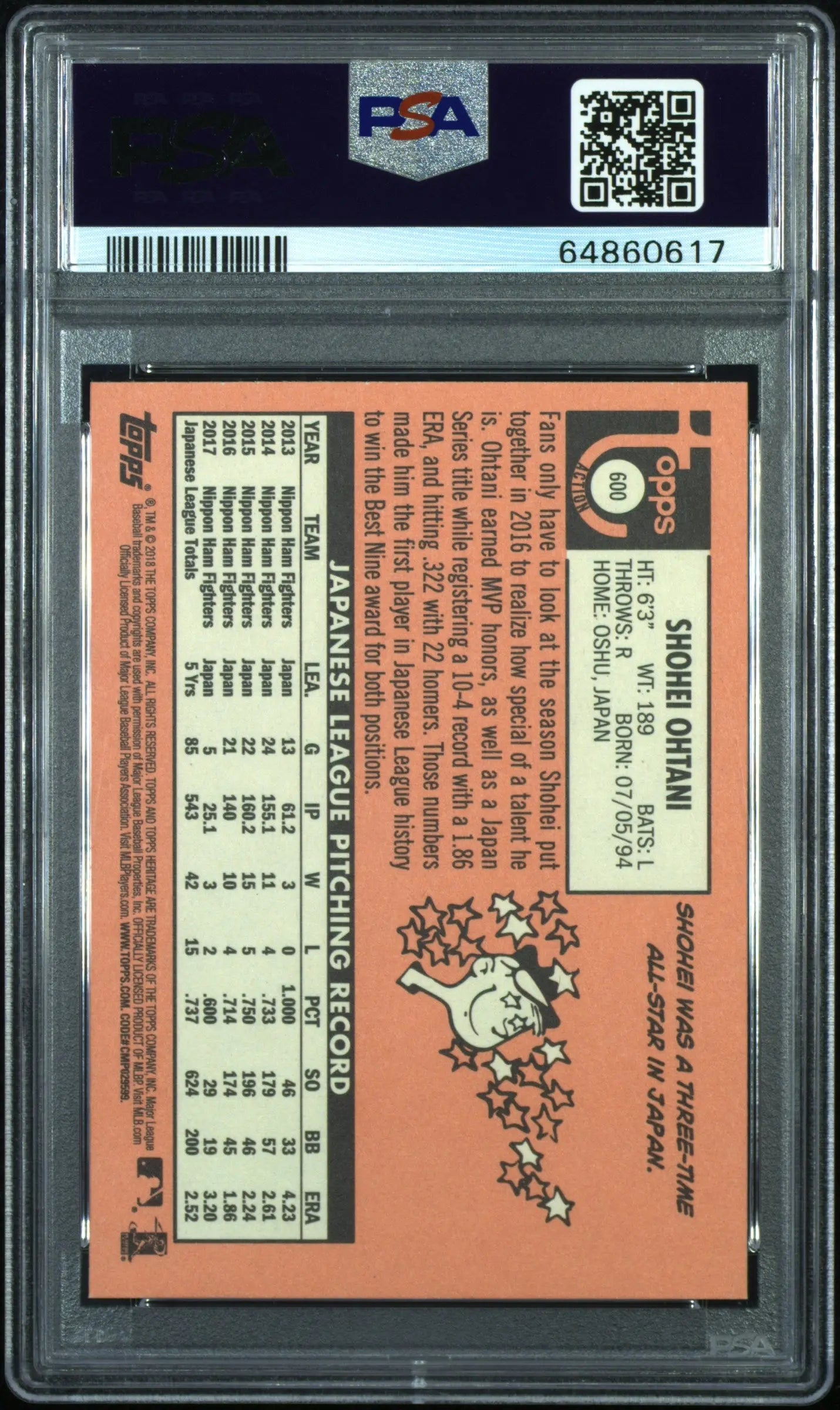 2018 Topps Heritage Rookie Shohei Ohtani Action RC PSA 9 