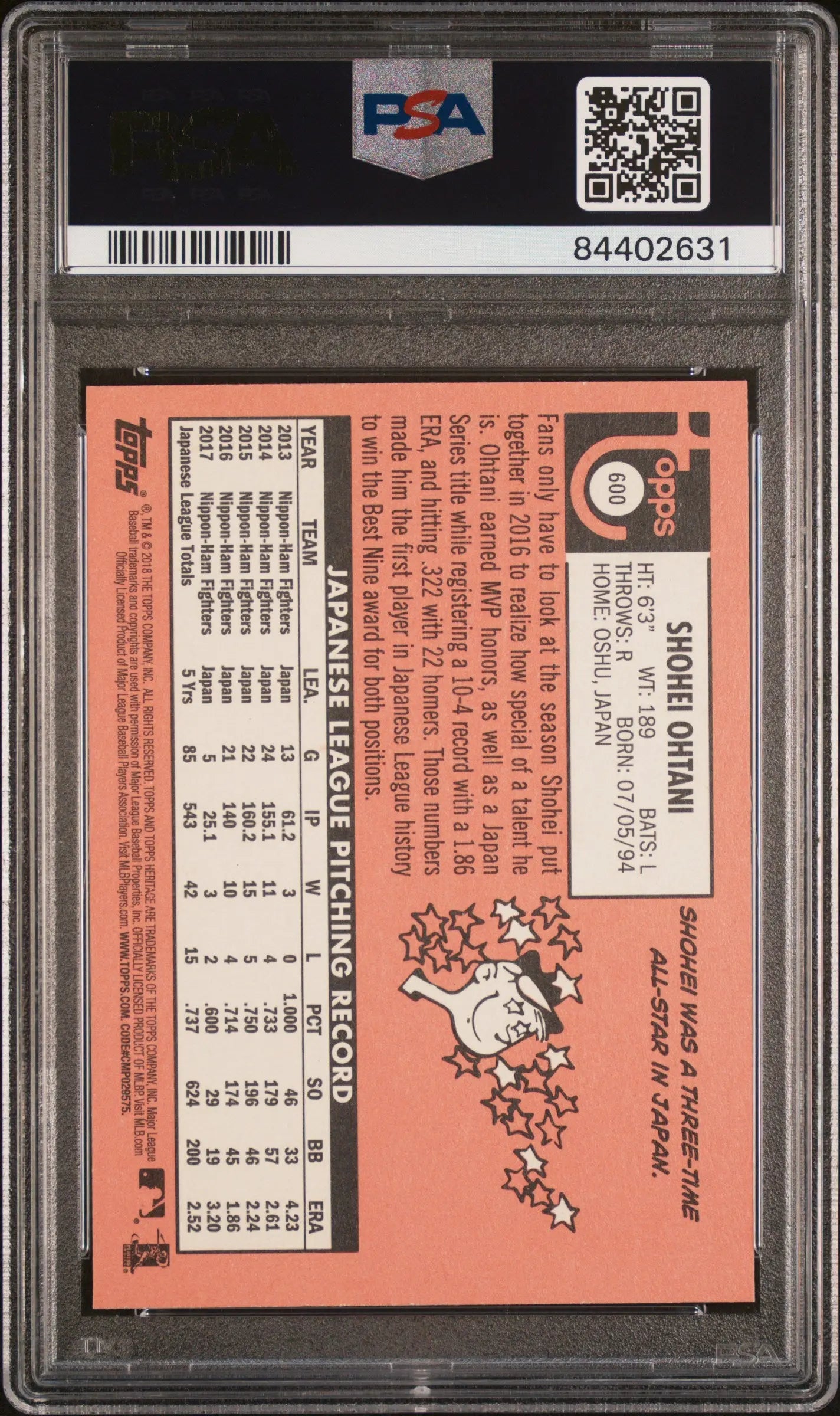 2018 Topps Heritage Rookie Shohei Ohtani RC PSA 10 