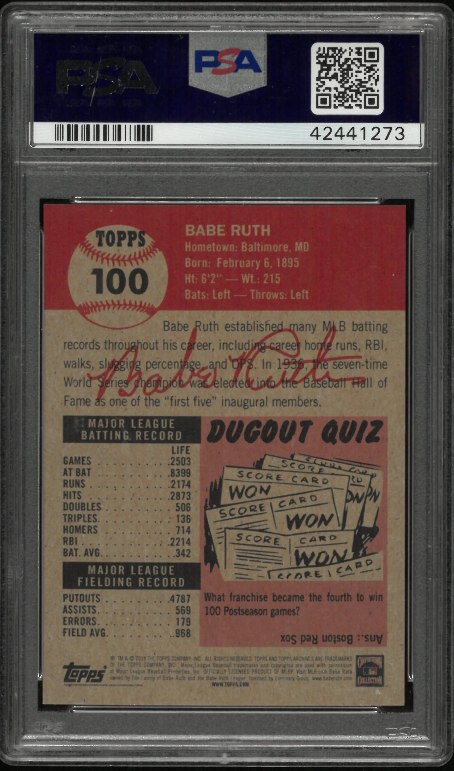 2018 Topps Living Baseball Babe Ruth #100 PSA 10 