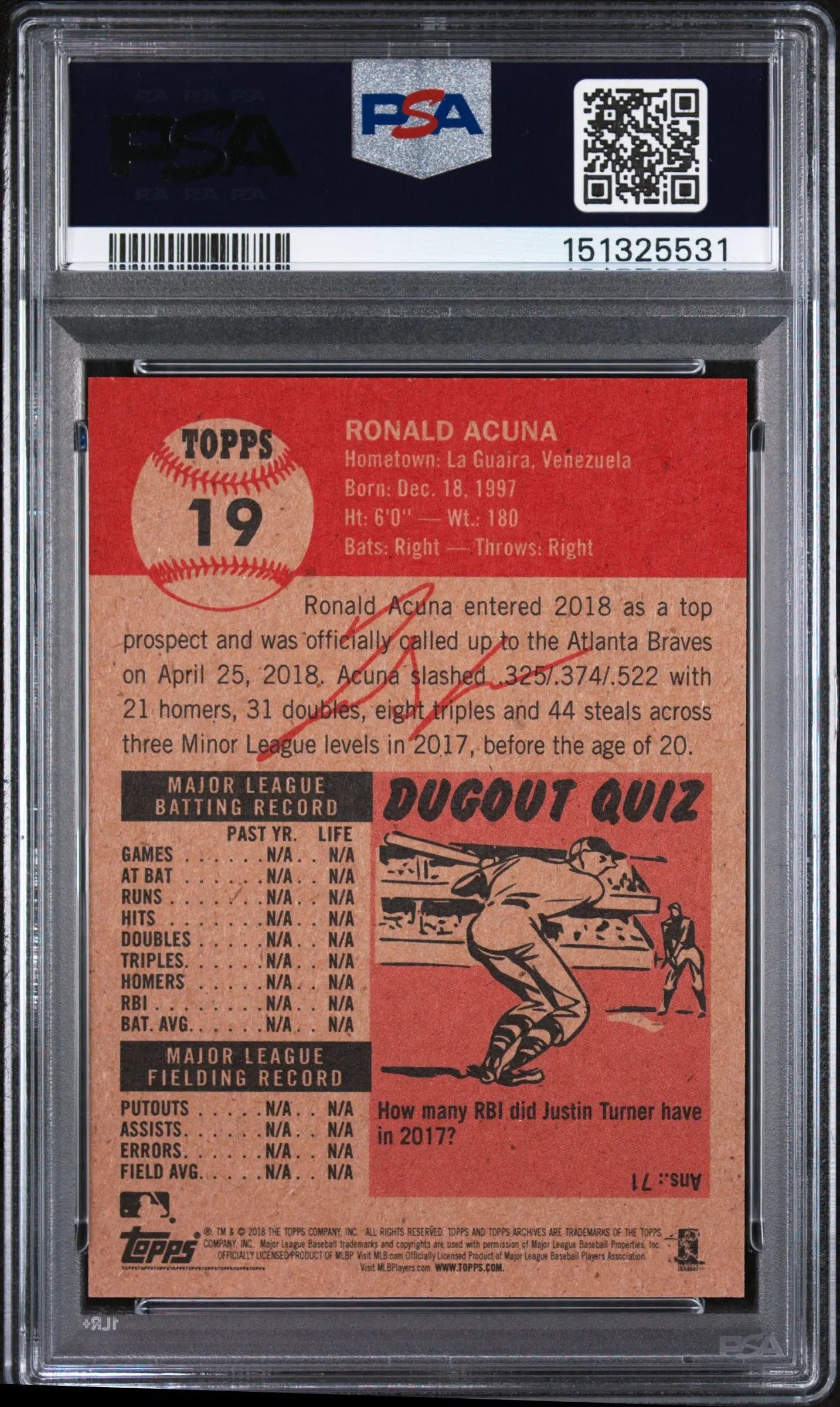 2018 Topps Living Rookie Ronald Acuna RC PSA 9 