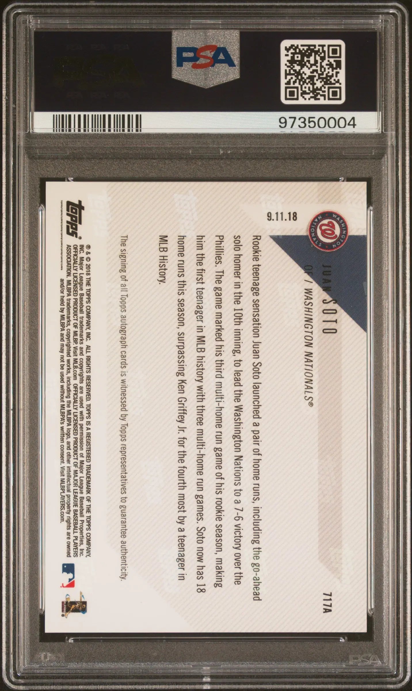 2018 Topps Now Rookie Juan Soto Autograph-Green /199 RCPSA 10 