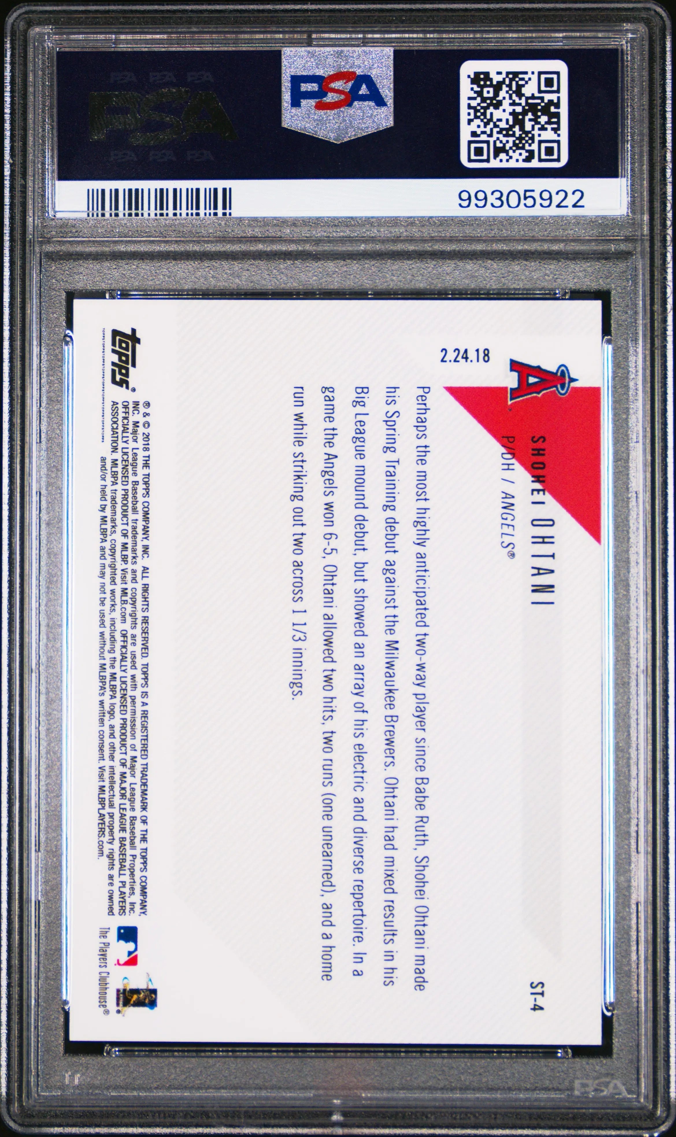 2018 Topps Now Spring Training Shohei Ohtani RC Rookie PSA 10 