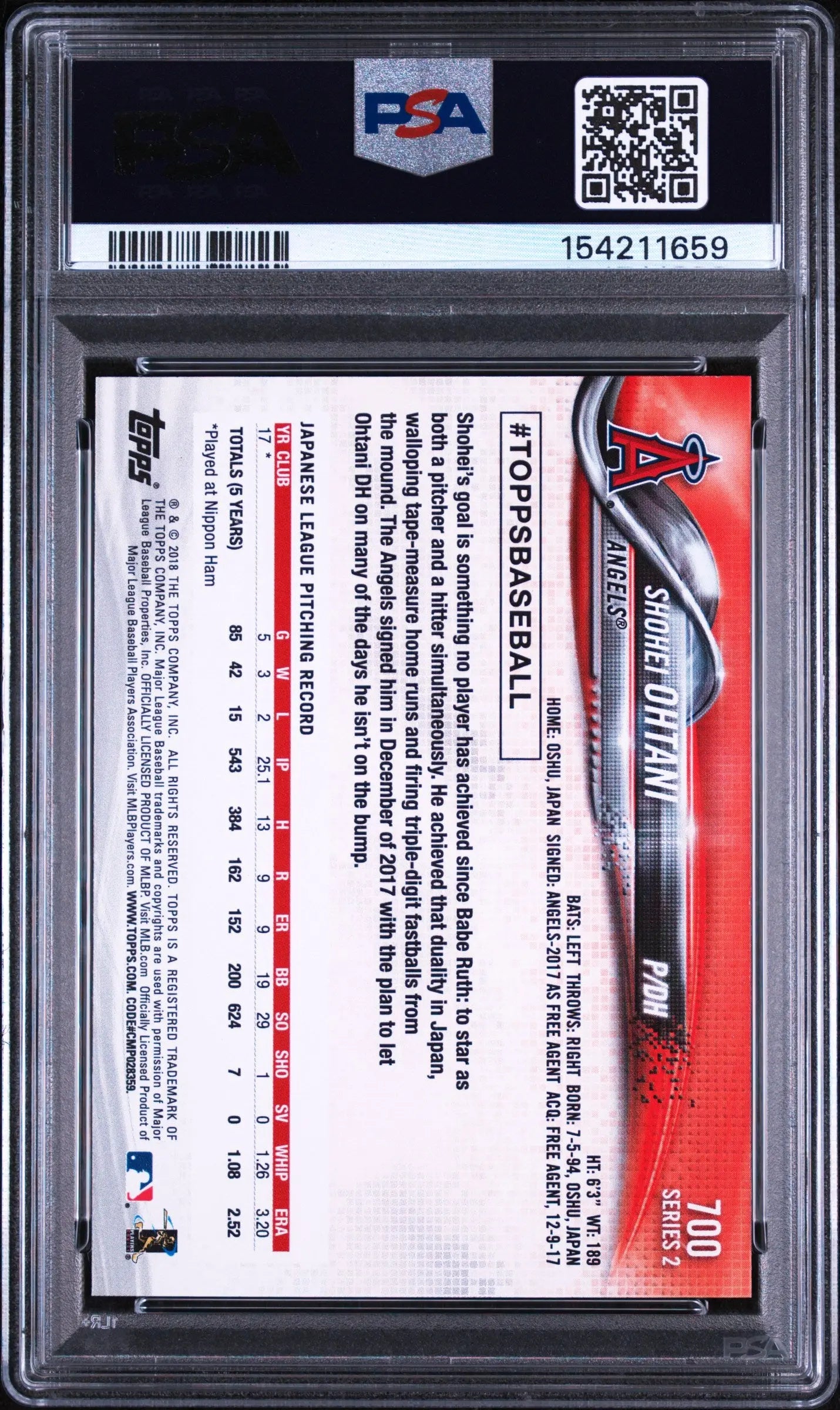 2018 Topps Rookie Shohei Ohtani RC PSA 8 
