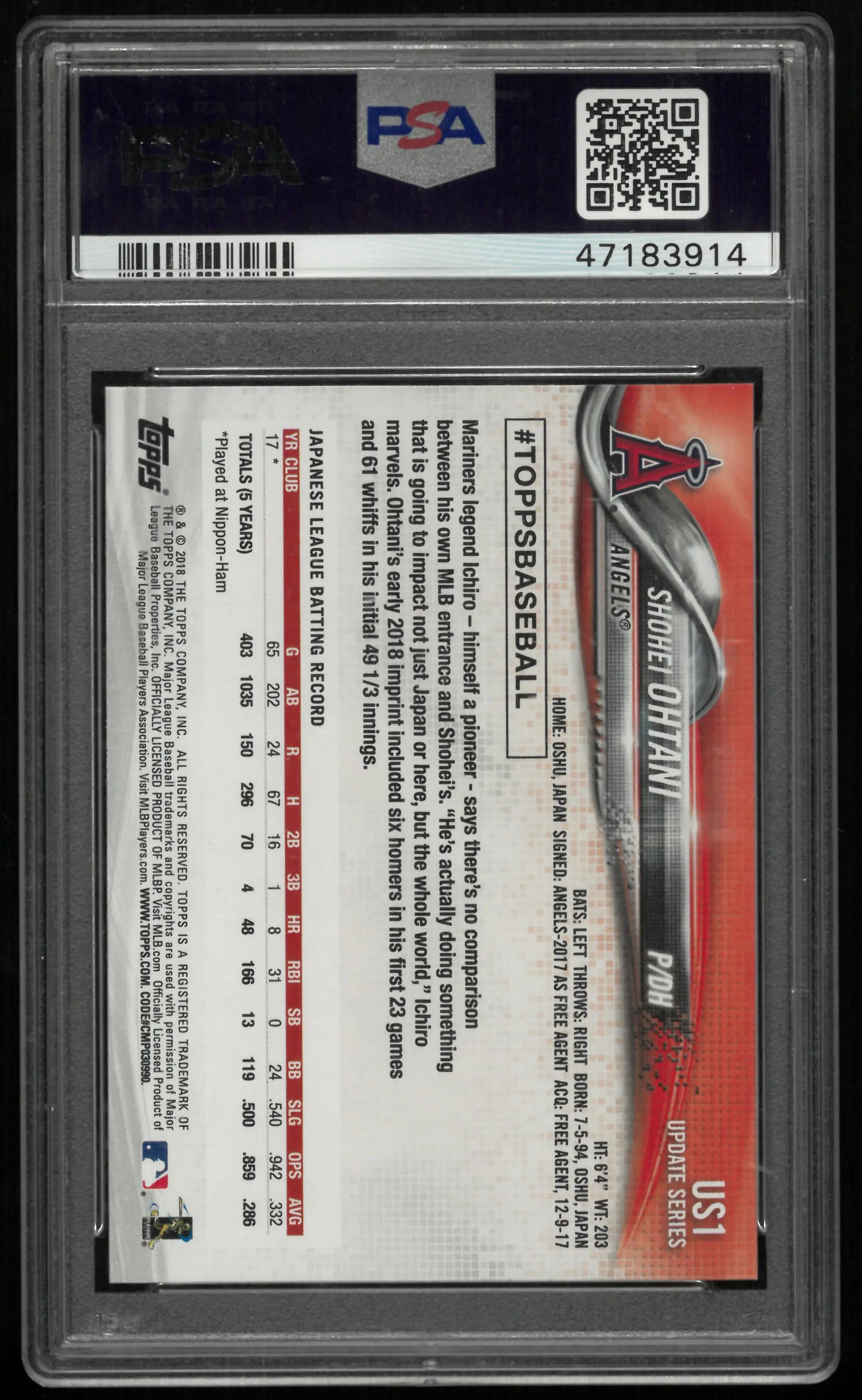 2018 Topps Update Baseball Shohei Ohtani RC Rookie PSA 9 