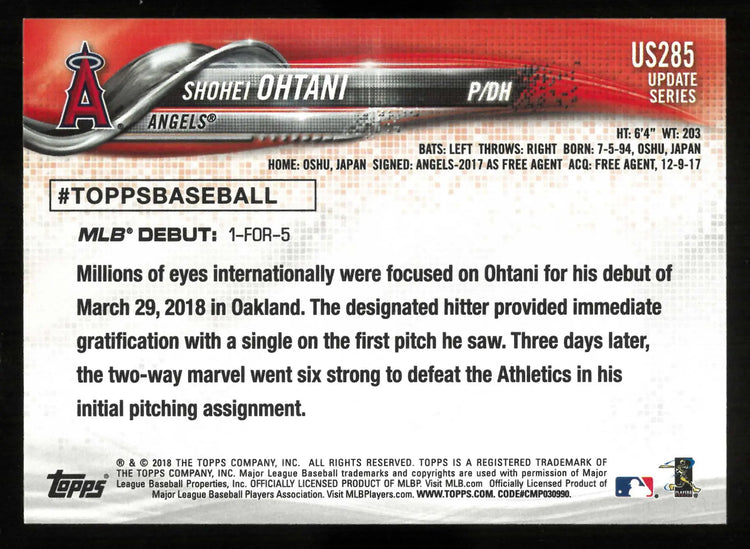 2018 Topps Update Rookie Debut Shohei Ohtani RC 