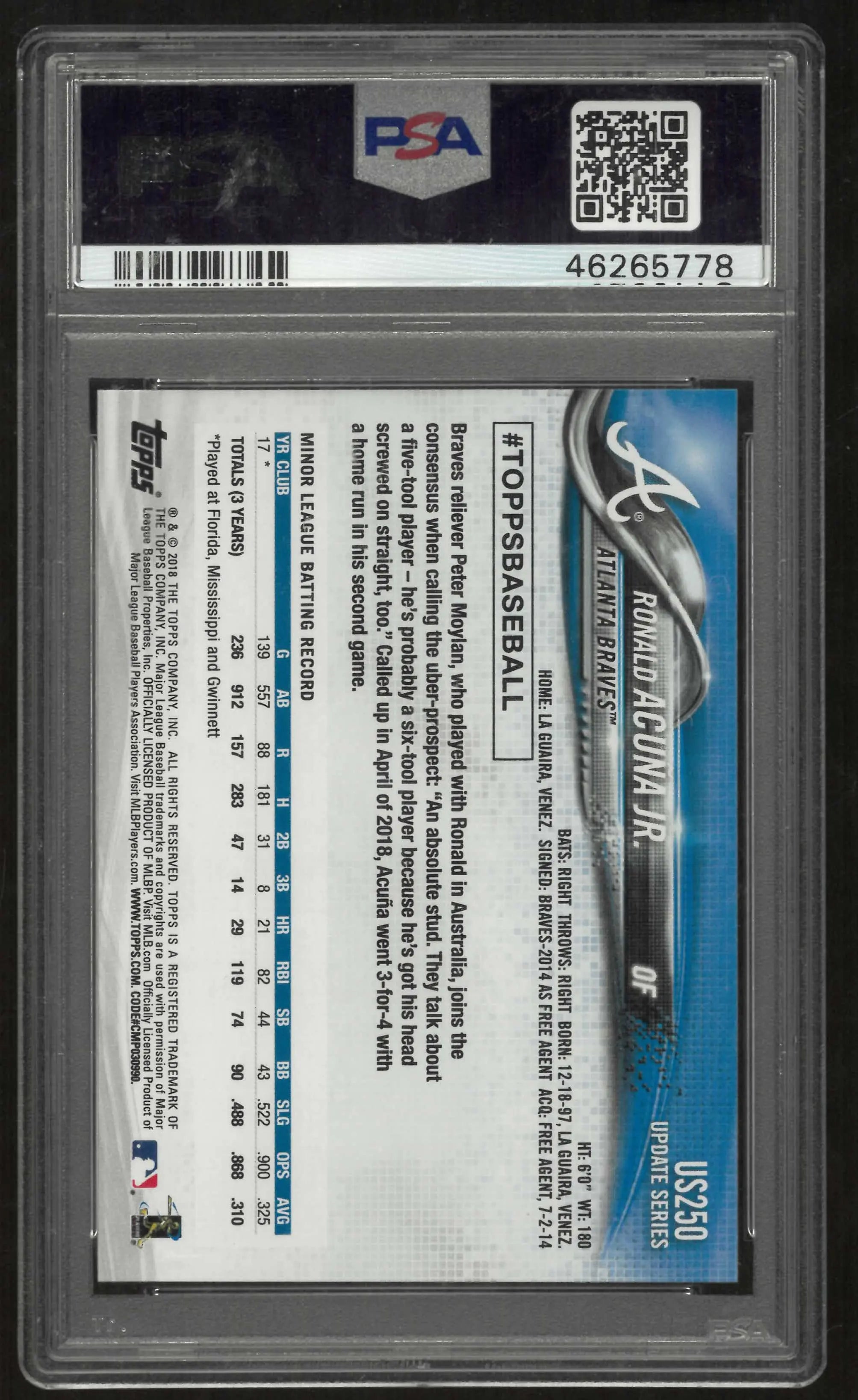 2018 Topps Update Rookie Ronald Acuna Jr. RC PSA 9 
