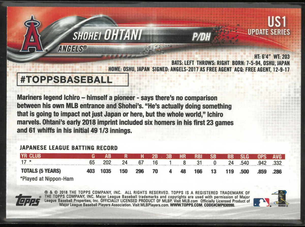 2018 Topps Update Rookie Shohei Ohtani RC 