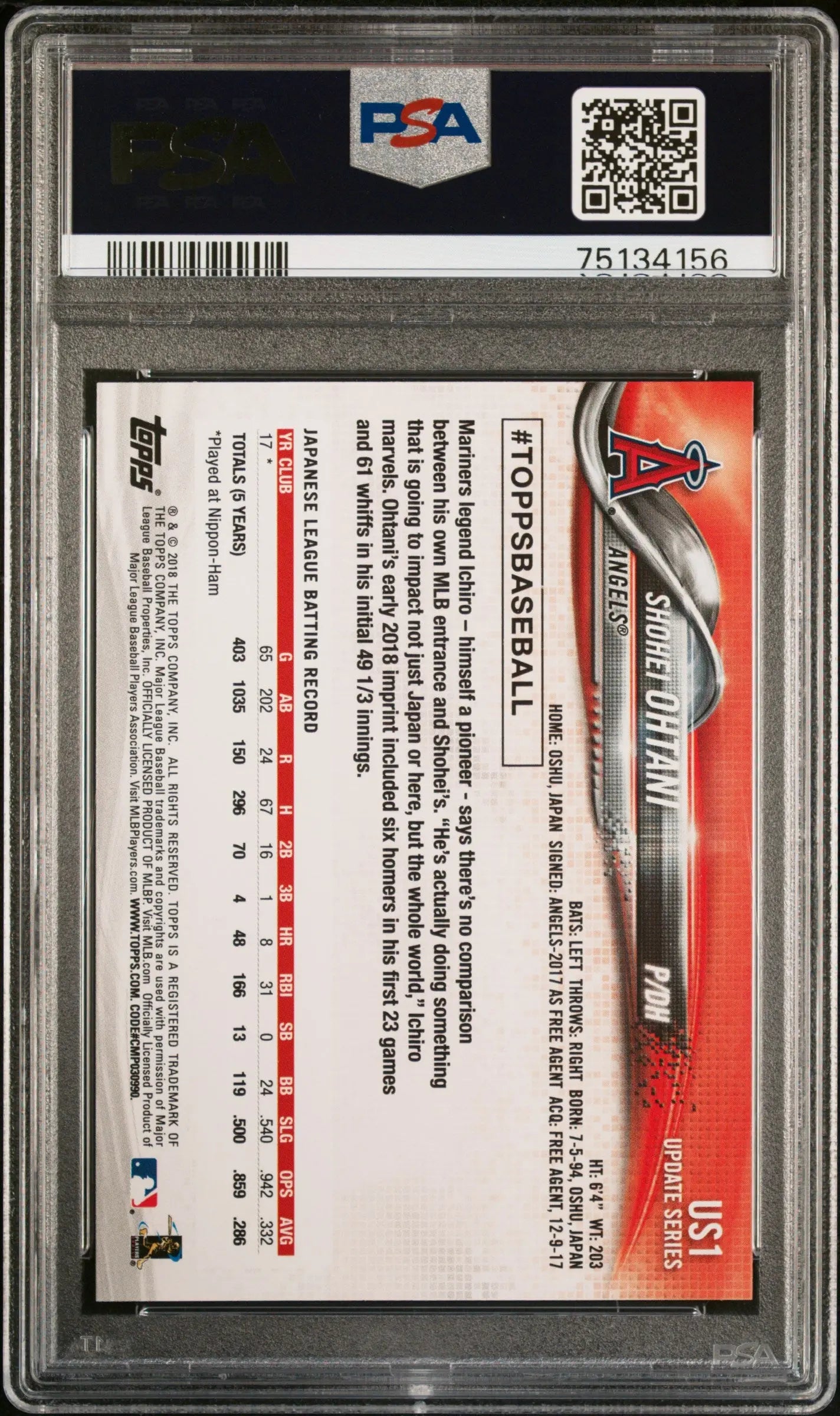 2018 Topps Update Rookie Shohei Ohtani RC PSA 10 