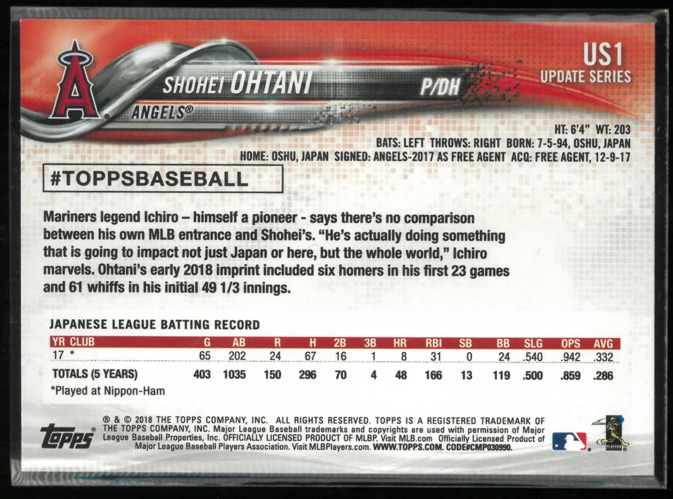 2018 Topps Update Series Shohei Ohtani Rookie RC 