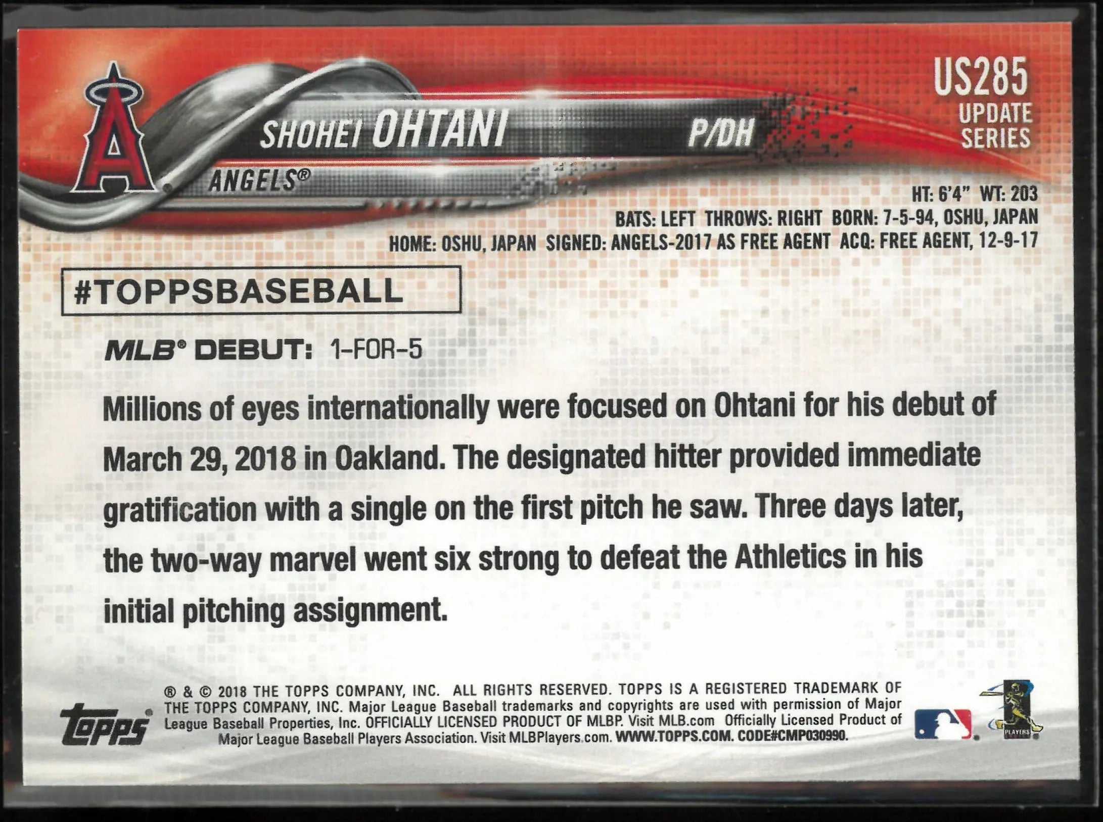 2018 Topps Update Shohei Ohtani Rookie Debut 