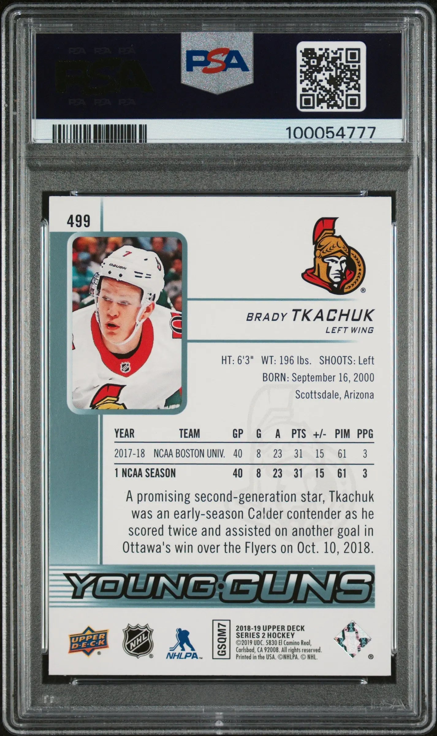 2018 Upper Deck Brady Tkachuk #499 PSA 10 