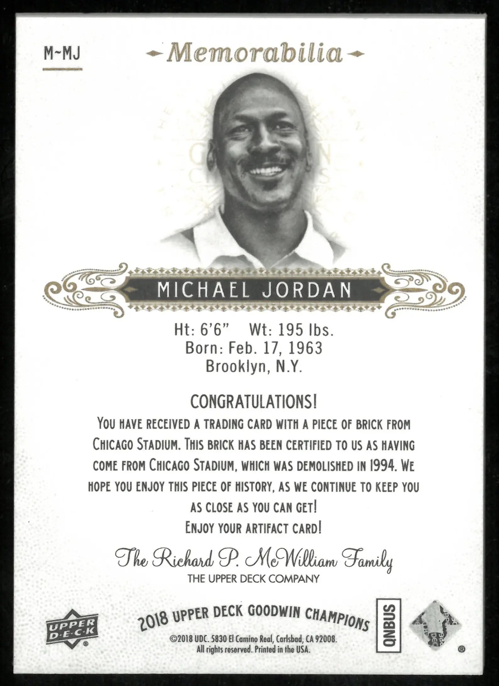 2018 Upper Deck Goodwin Champions Memorabilia Patch Michael Jordan /23 