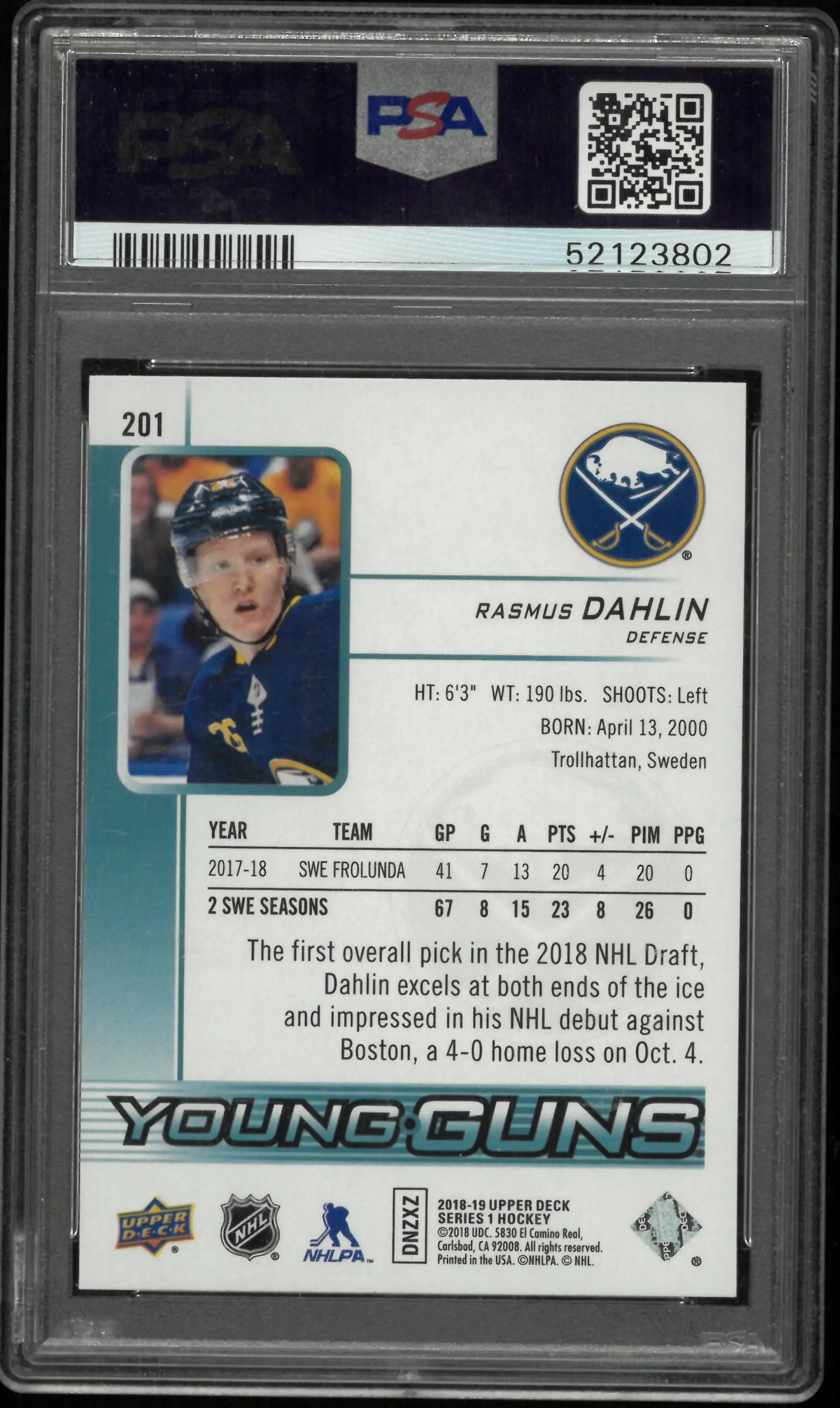 2018 Upper Deck Series 1 Young Guns Rookie  Rasmus Dahlin RC PSA 10 