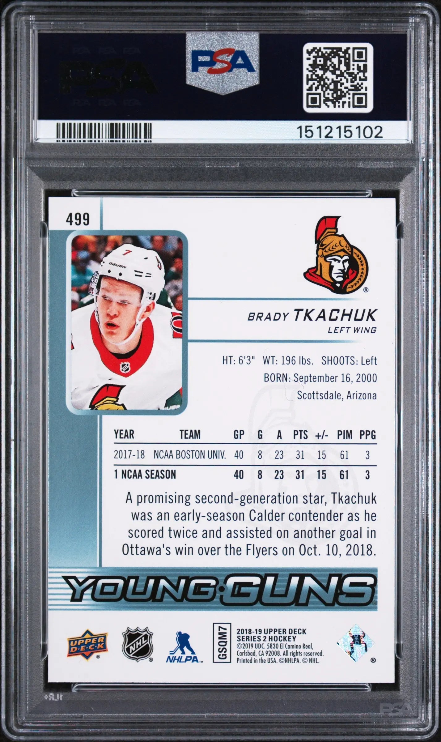 2018 Upper Deck Series 2 Young Guns Rookie Brady Tkachuk RC PSA 9 