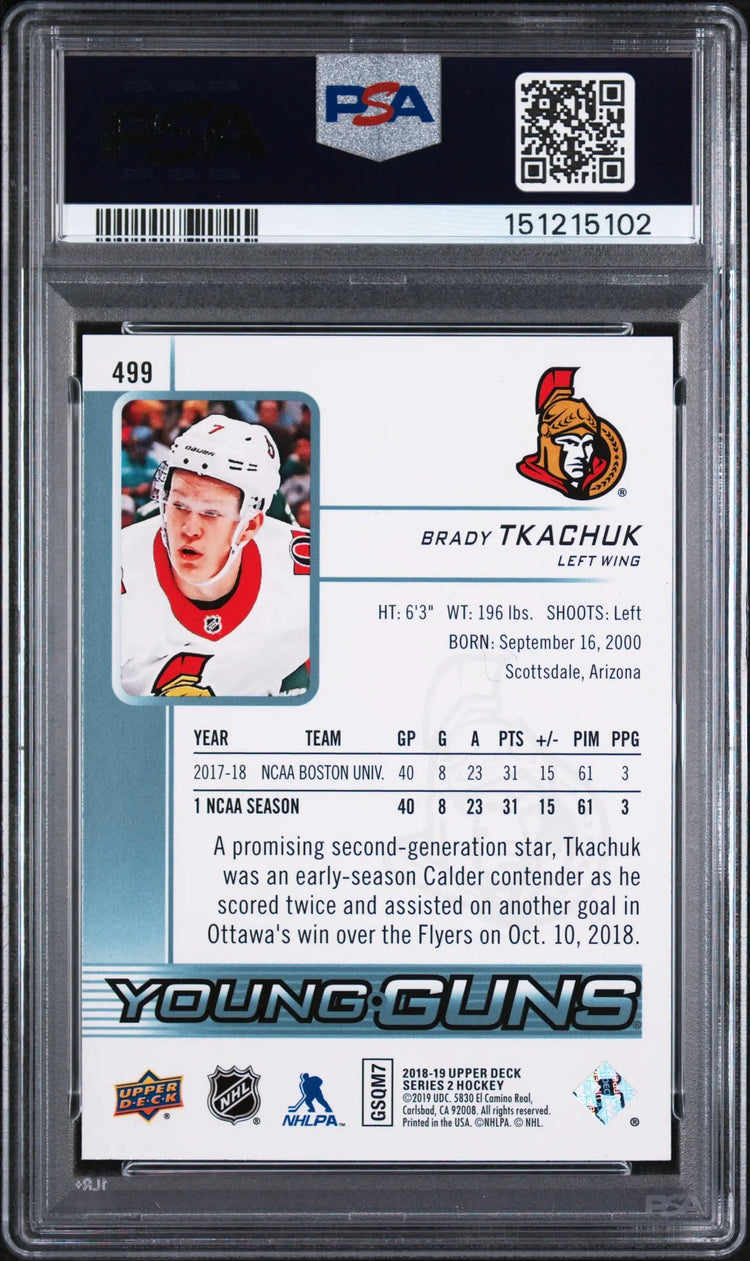 2018 Upper Deck Series 2 Young Guns Rookie Brady Tkachuk RC PSA 9 