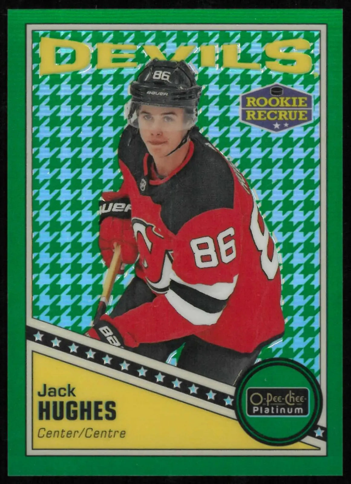 2019-20 O-Pee-Chee Platinum Rookie Jack Hughes Green Houndstooth /15 RC 