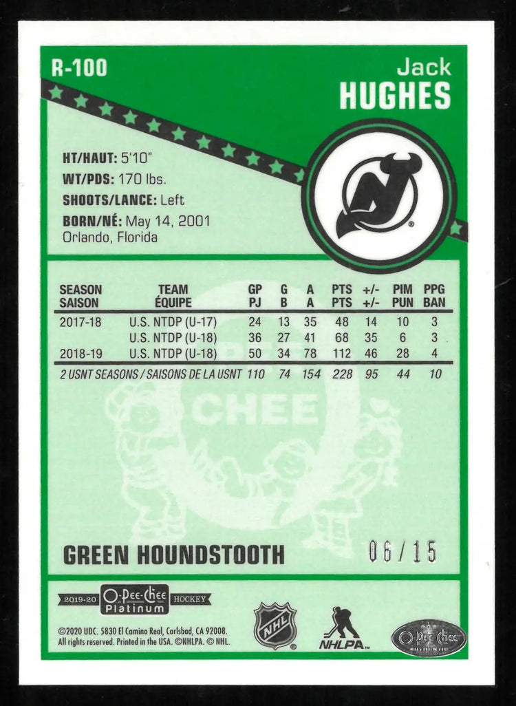 2019-20 O-Pee-Chee Platinum Rookie Jack Hughes Green Houndstooth /15 RC 