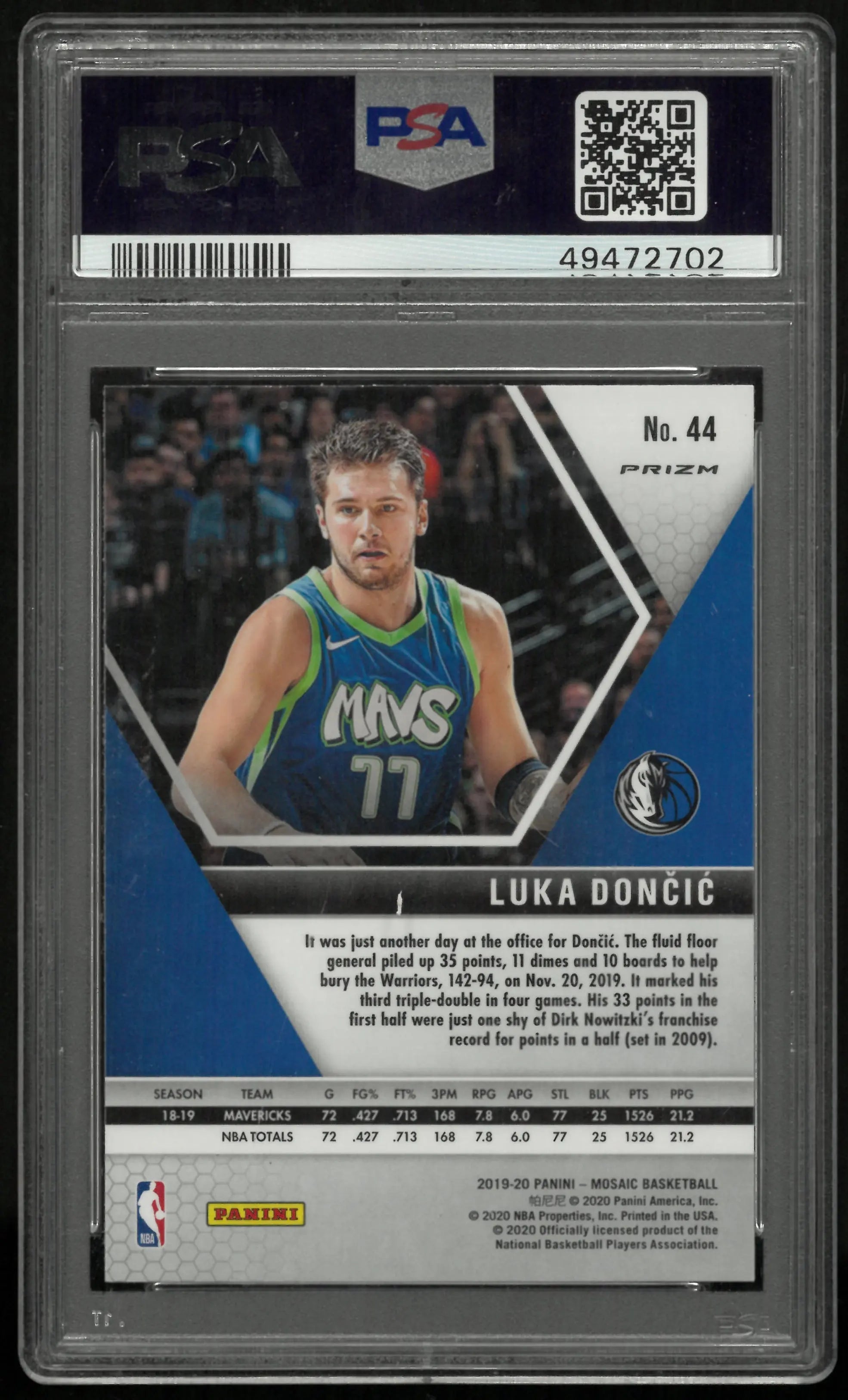 2019-20 Panini Mosaic Luka Doncic Reactive Orange PSA 10 
